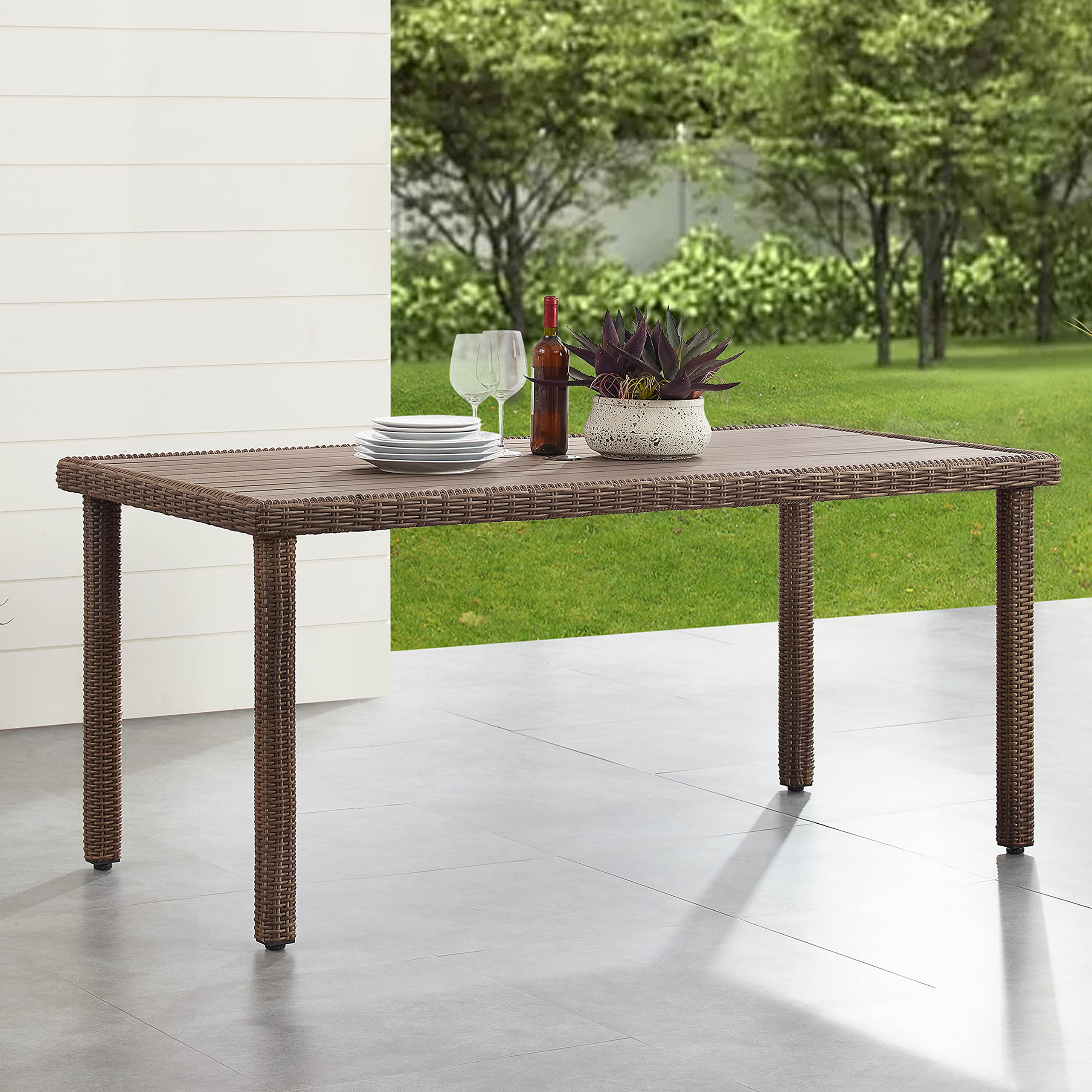 Crosley Furniture Bradenton Wicker 6-Person Outdoor Dining Table With Umbrella Hole For Outside Patio, Weathered Brown