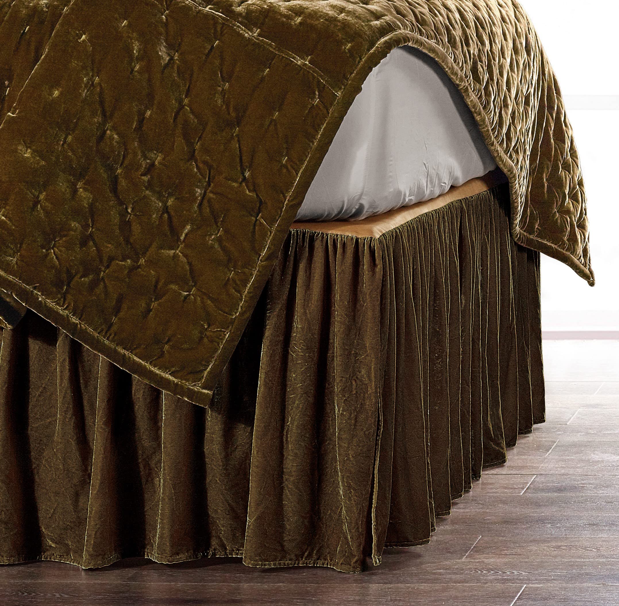 HiEnd Accents Stella Faux Silk Velvet Bed Skirt, Green Ochre, Super Queen Size, Romantic Modern Western Traditional Style Beddin