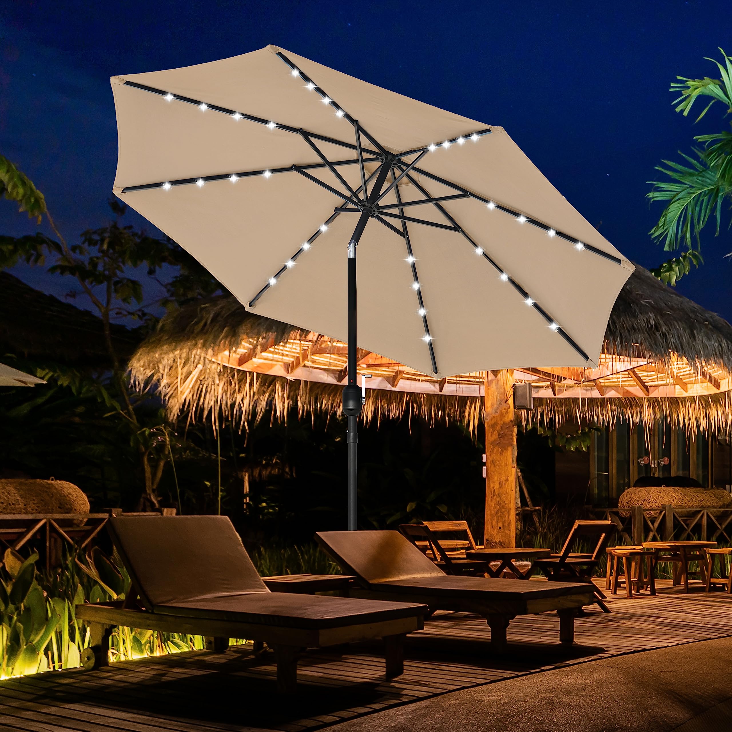 Yssoa 9' Solar Umbrella 32 Led Lighted Patio Umbrella Table Market Umbrellas With Push Button Tilt/Crank Outdoor For Garden, Deck, Backyard And Pool, Tan