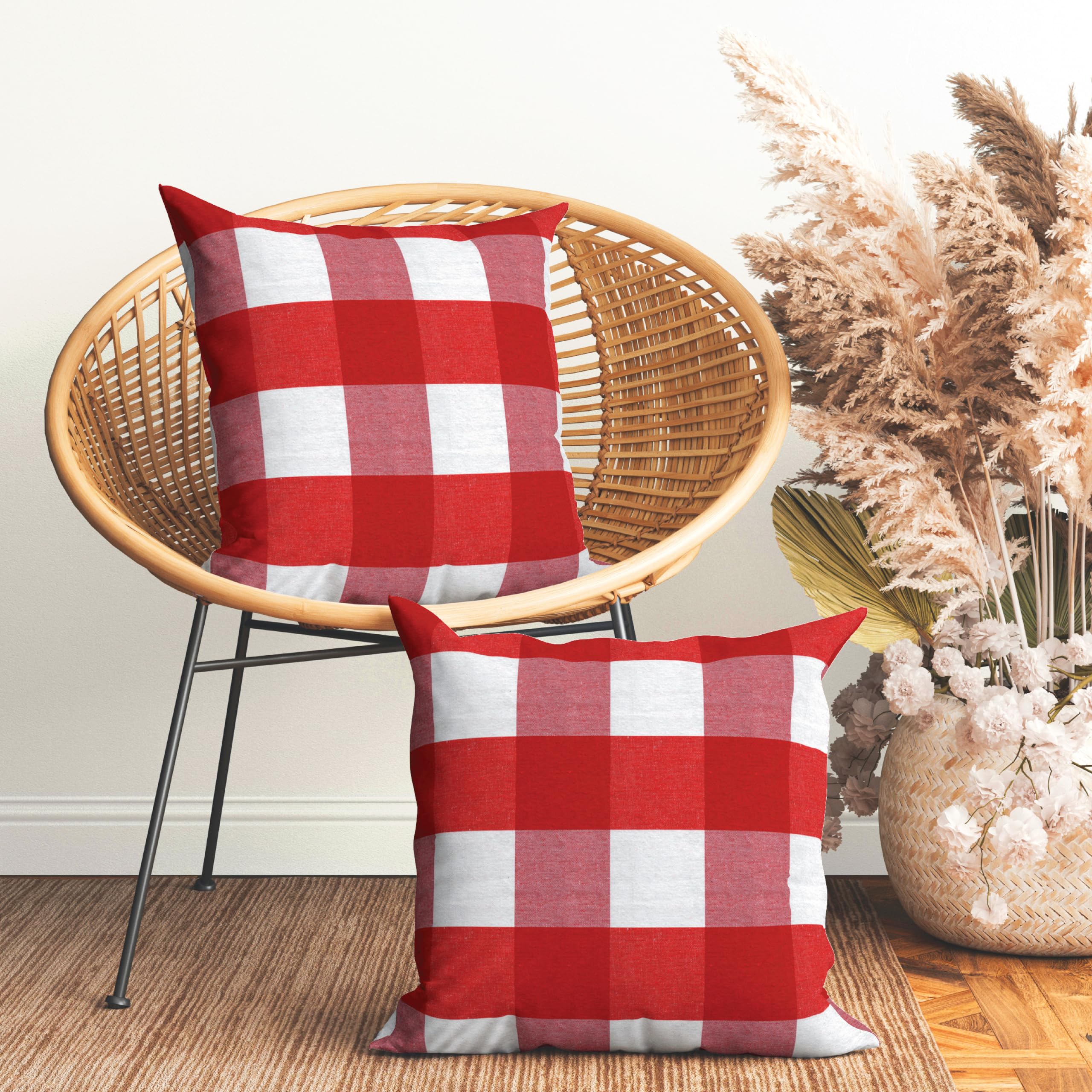 Encasa Homes Buffalo Red Checks Throw Pillow Cover 2Pc Set - 20 X 20 Inch | Farmhouse Checkered Plaid Accent Cushion Cases For C