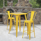 Flash Furniture Commercial Grade 23.75" Square Yellow Metal Indoor-Outdoor Bar Table Set With 2 Stools With Backs