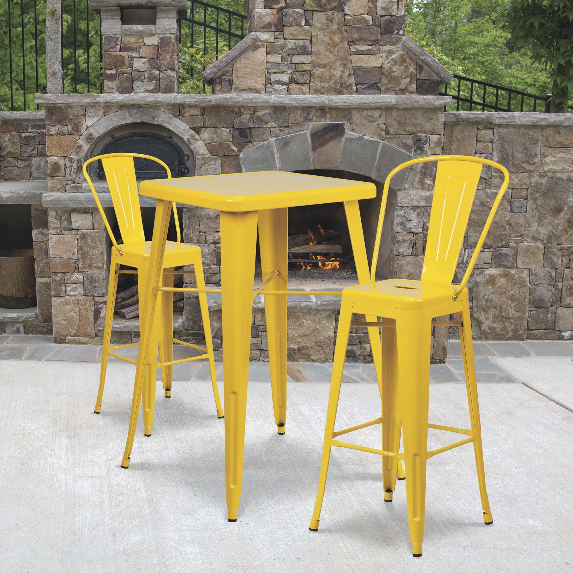Flash Furniture Commercial Grade 23.75" Square Yellow Metal Indoor-Outdoor Bar Table Set With 2 Stools With Backs