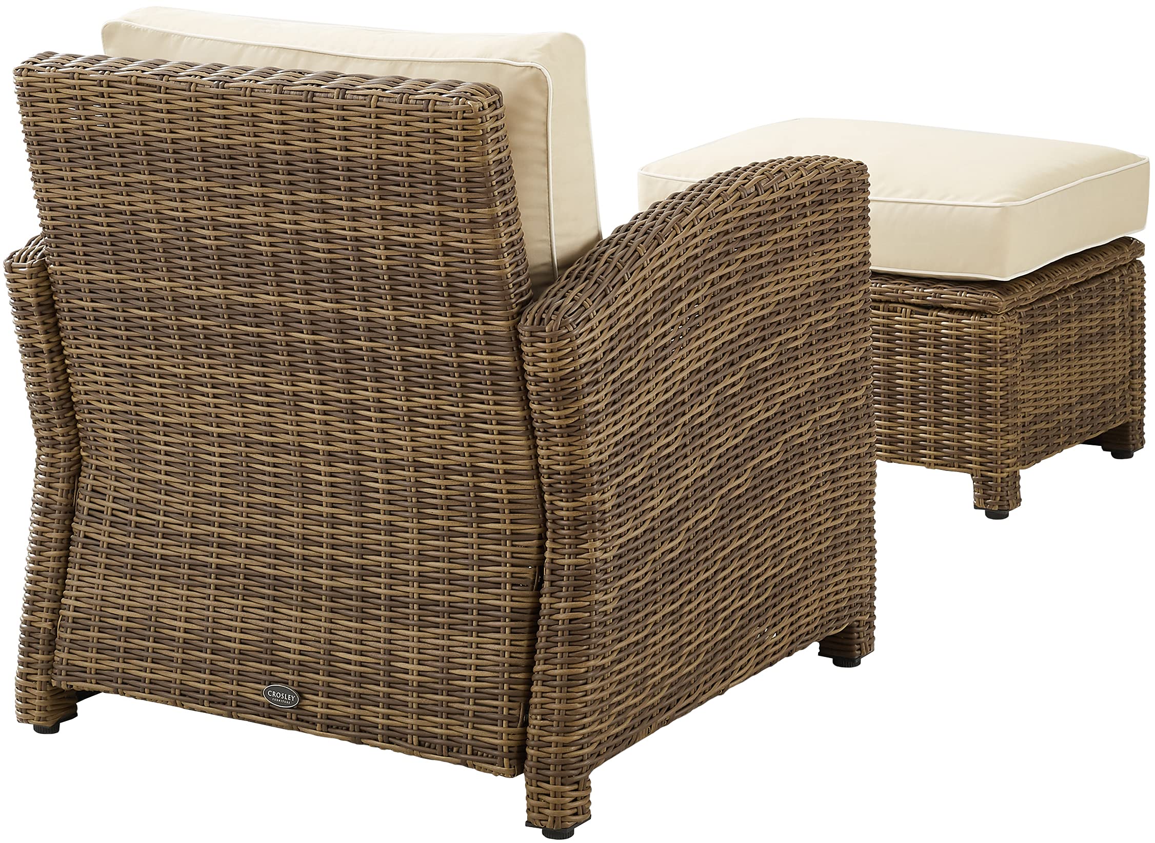 Crosley Furniture Bradenton 2-Piece Outdoor Chair and Ottoman Set, Wicker Patio Conversation Sets for Porch, Brown with Sand Cushions