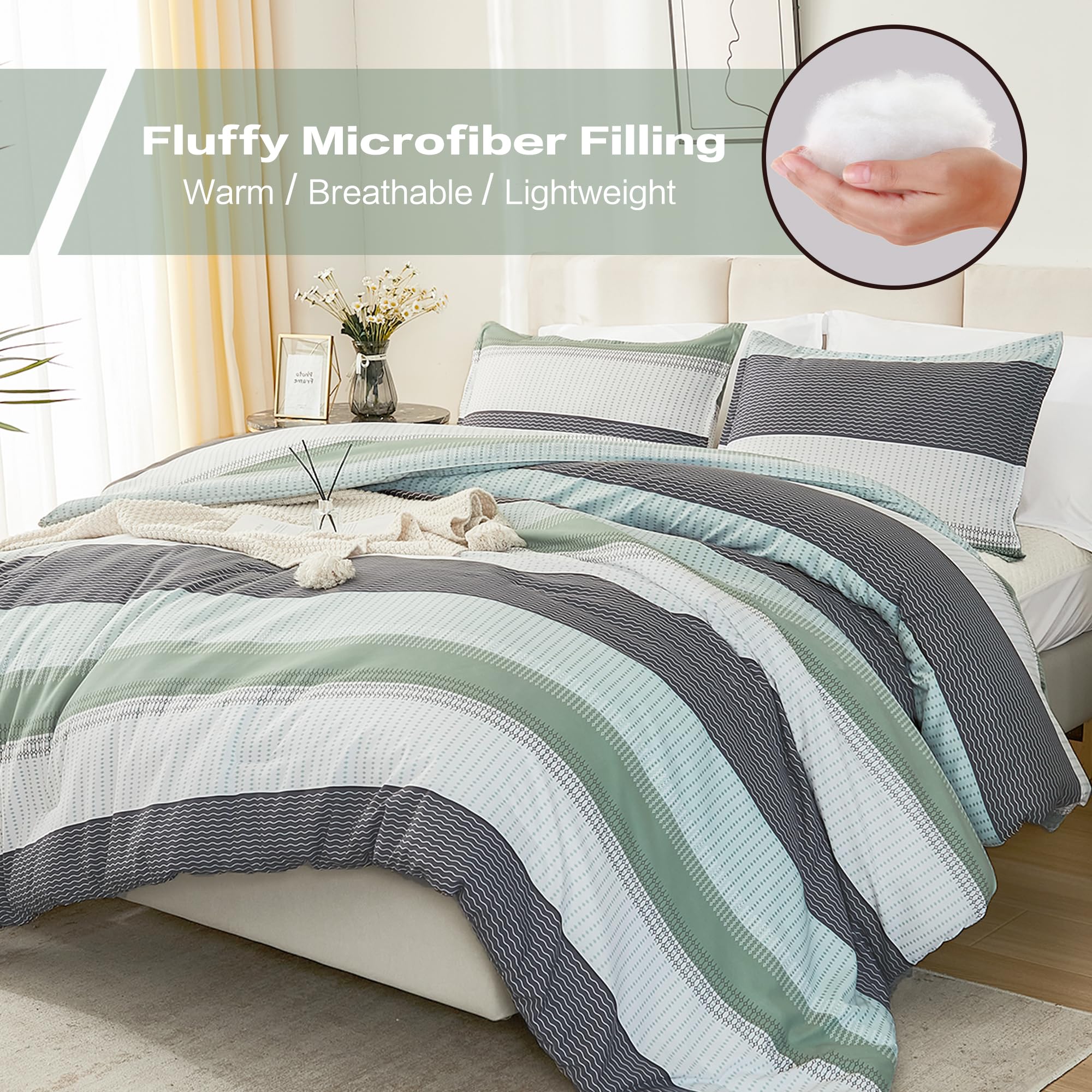 Litanika Comforter Full Size Set Sage Green - 3 Pieces Lightweight Bedding Comforter Sets, Green White Colorblock Stripe Fluffy