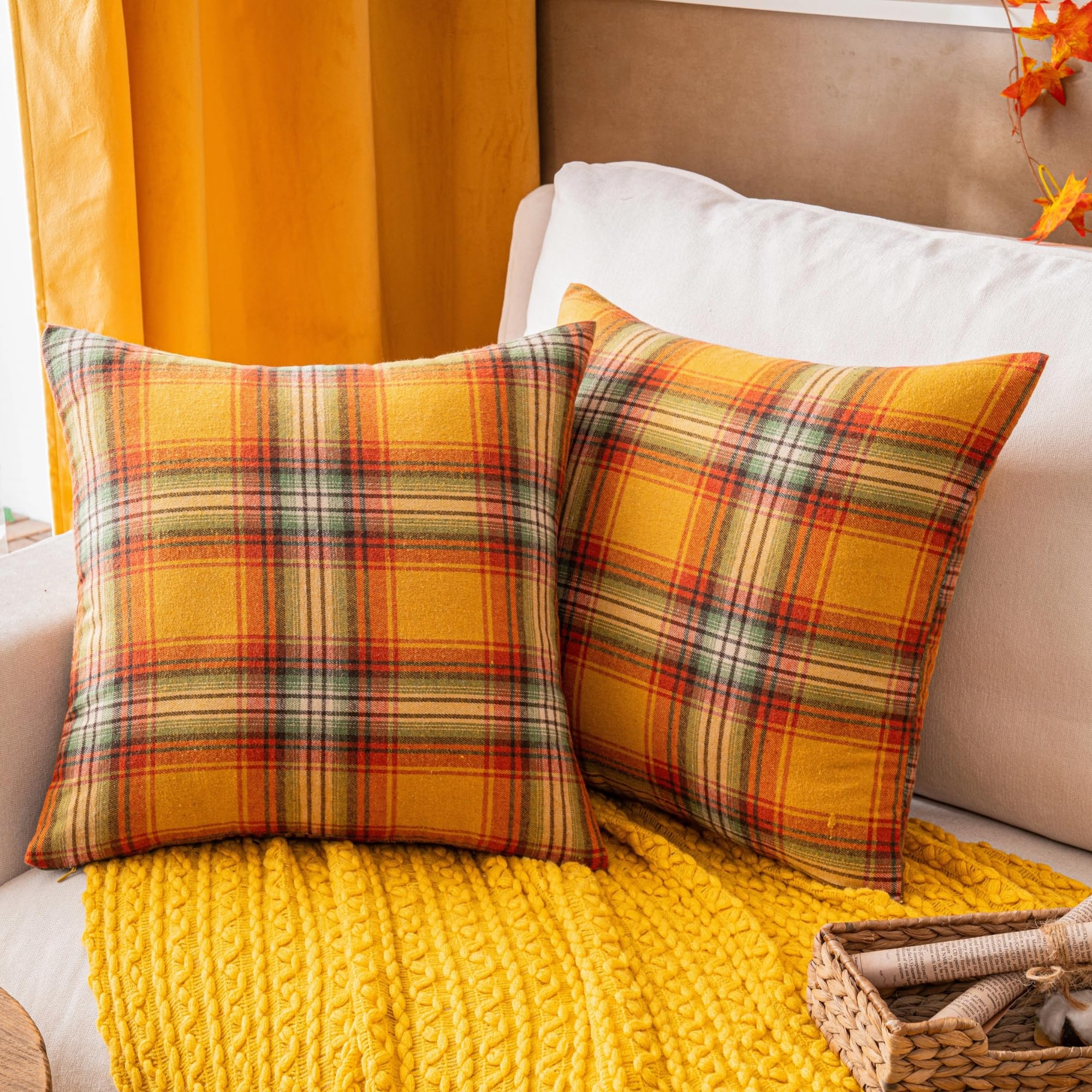 Aqothes Fall Plaid Yellow Throw Pillow Covers 12X20 Inch, Set Of 2 Autumn Decorative Throw Pillows For Couch Sofa Bed Living Roo