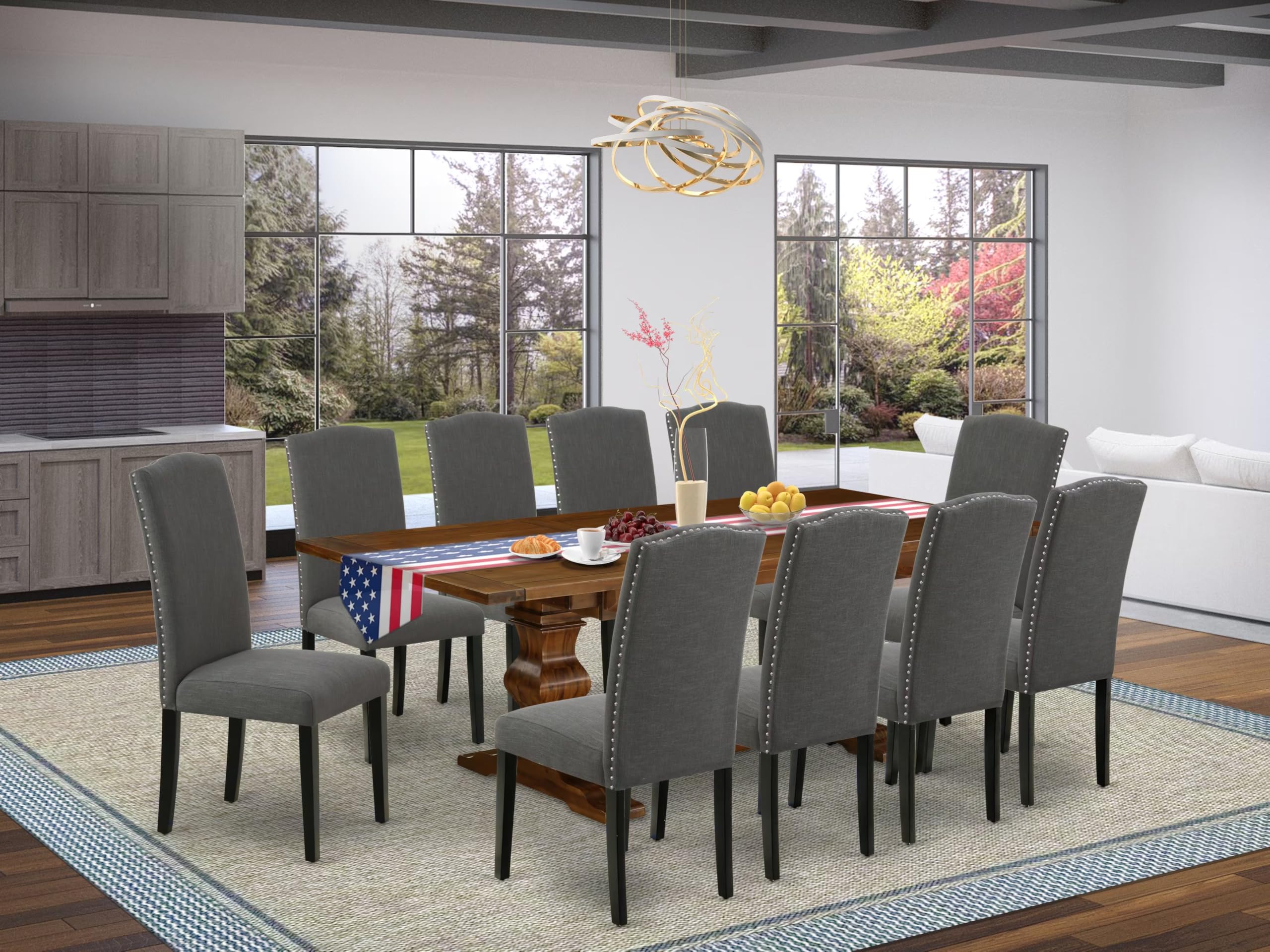 East West Furniture LAEN11-81-20 11-Pieces Xtenczar Modern Dining Set - A Removable Leaf Double Pedestal Table and 10 Dark Gotham Grey Linen Fabric Dining Chairs with High Back-Antique Walnut Finish