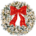 Best Choice Products 48in Large Flocked Artificial Pre-Lit Fir Christmas Wreath Holiday Accent Decoration for Door, Mantel w/Red