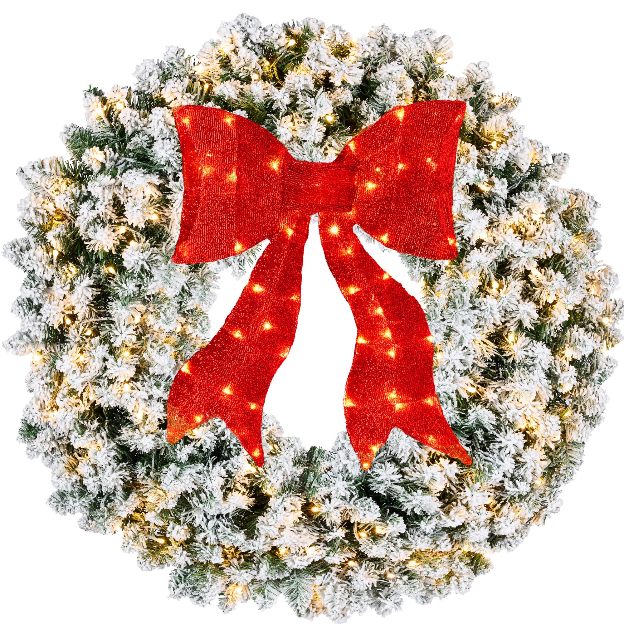 Best Choice Products 36in Large Flocked Artificial Pre-Lit Fir Christmas Wreath Holiday Accent Decoration for Door, Mantel w/Red