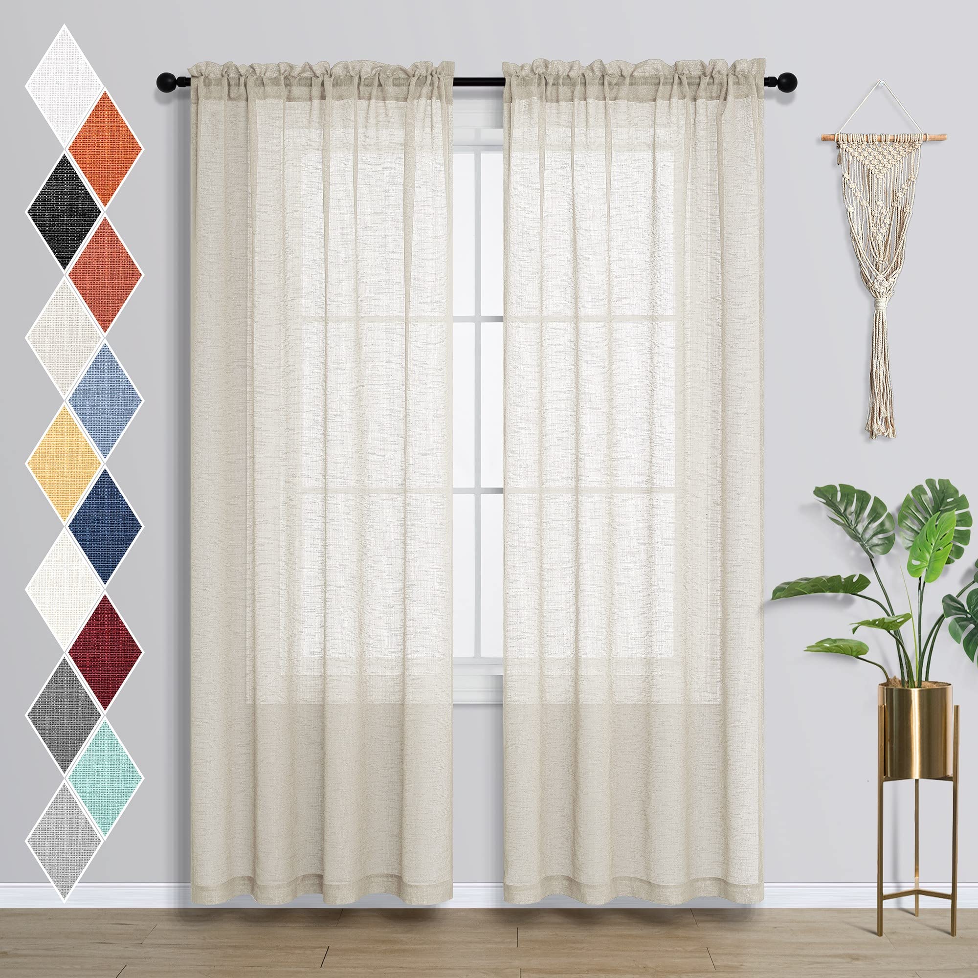 Beige Sheer Curtains 84 Inch Length for Living Room Set 2 Panels Rod Pocket Boho Farmhouse Light Filtering Cream Ivory Semi Shee