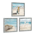Ocean Pictures Wooden Wall Art: Beach Artwork Framed Home Decor Set of 3 Seascape Pathway Surfboard Starfish Collection Prints f