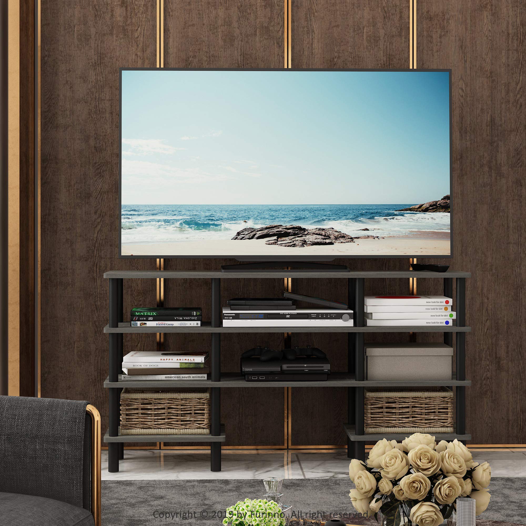 Furinno Turn-N-Tube 4-Tier Multipurpose Wide Shelf TV Stand, French Oak Grey/Black