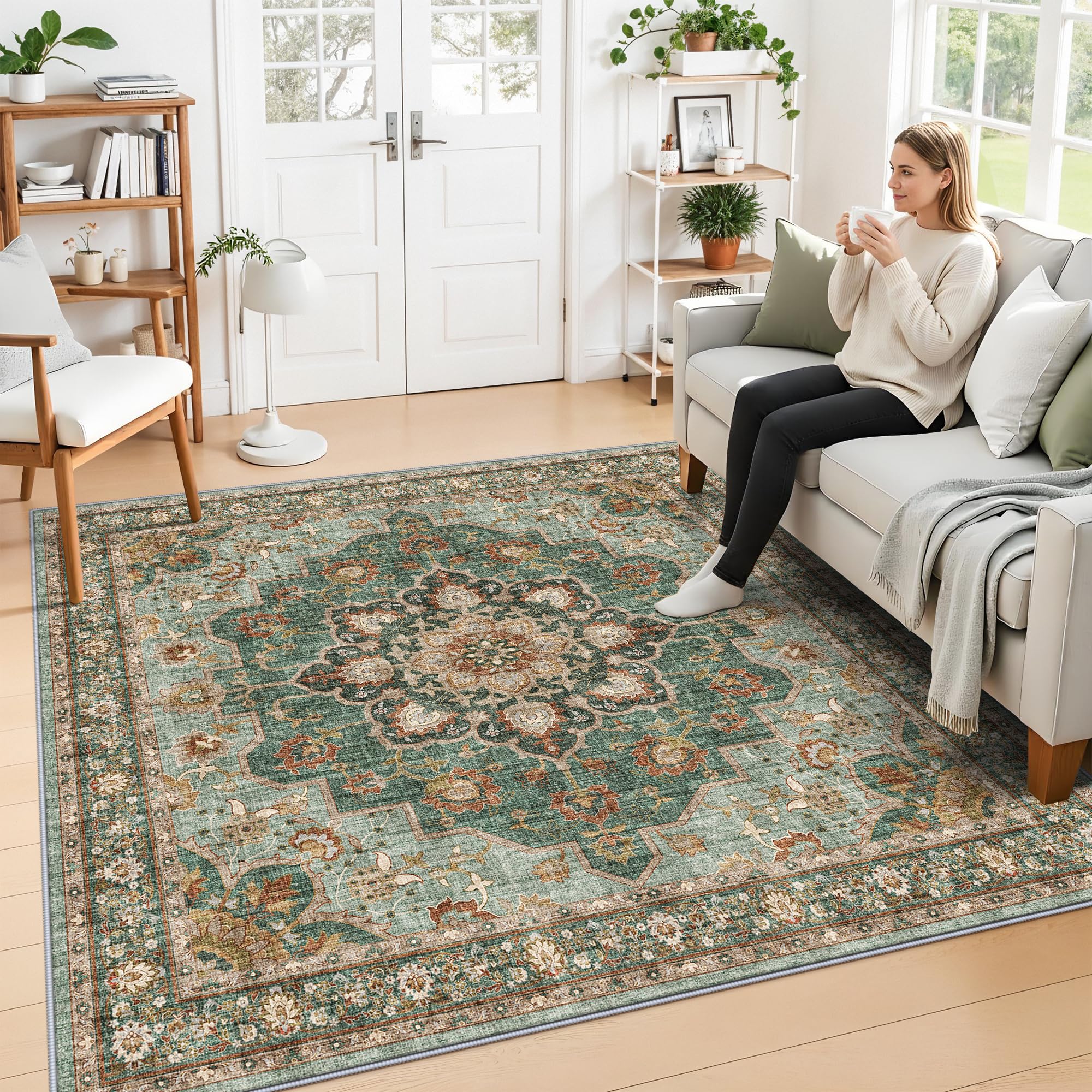 TOPRUUG Green Living Room Rug - Washable 8x8 Area Rug for Dining Room Under Table Oriental Soft Low Pile Carpet for Bedroom - Vi