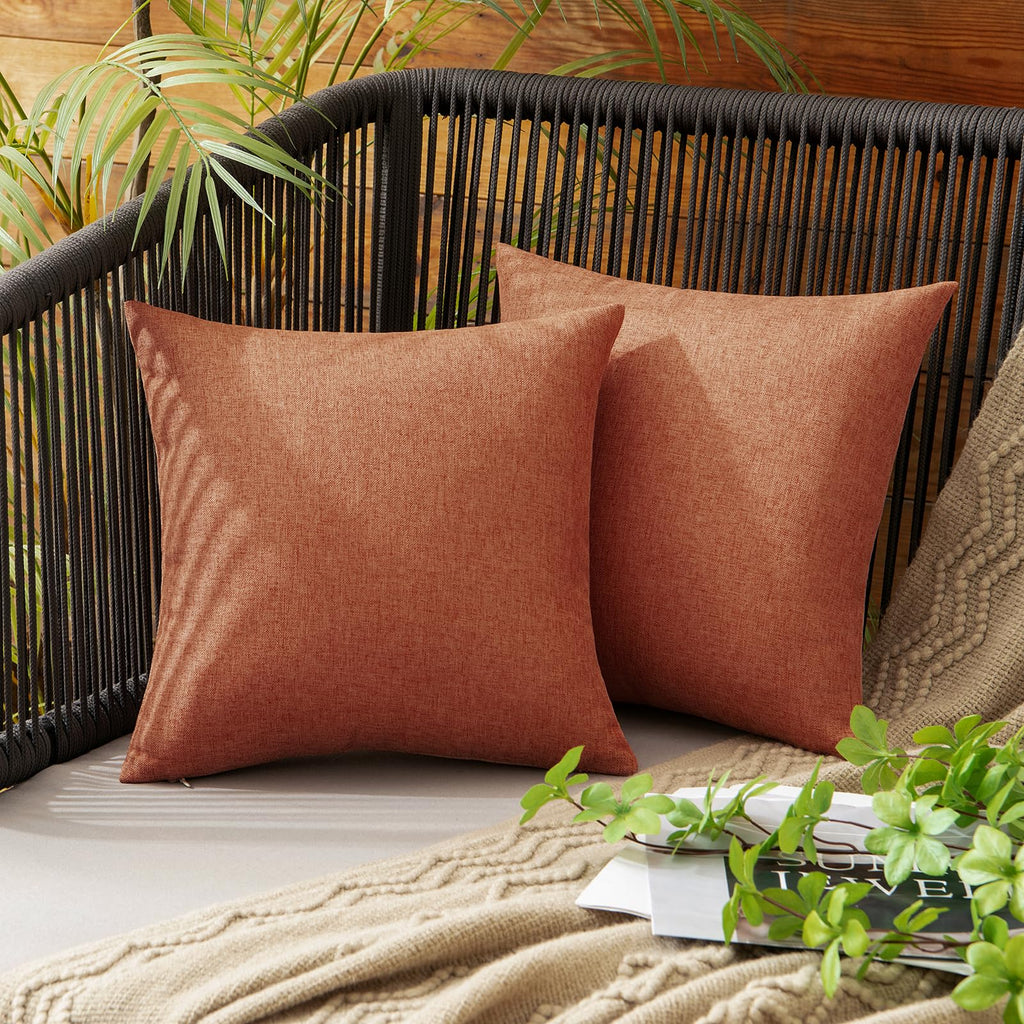 Miulee Pack Of 2 Decorative Outdoor Solid Waterproof Throw Pillow Covers Polyester Linen Garden Farmhouse Cushion Cases For Patio Tent Balcony Couch Sofa 12X12 Inch Rust