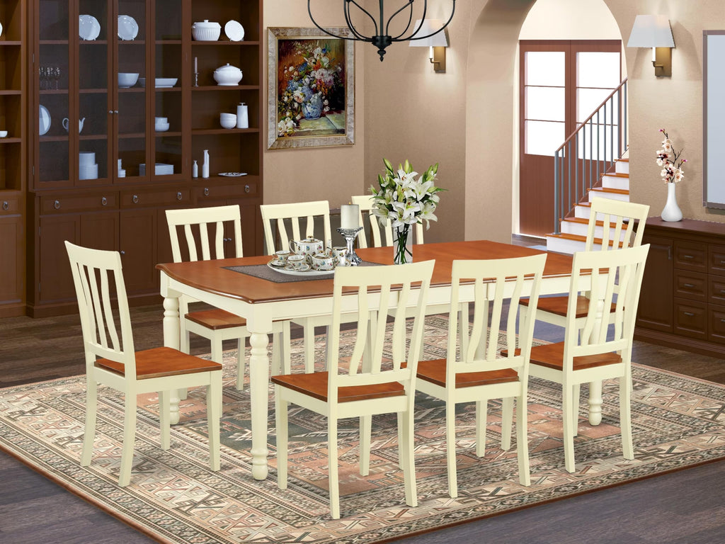 East West Furniture DOAN9-WHI-W 9 Piece Kitchen Table & Chairs Set Includes a Rectangle Dining Room Table with Butterfly Leaf and 8 Solid Wood Seat Chairs, 42x78 Inch, Buttermilk & Cherry
