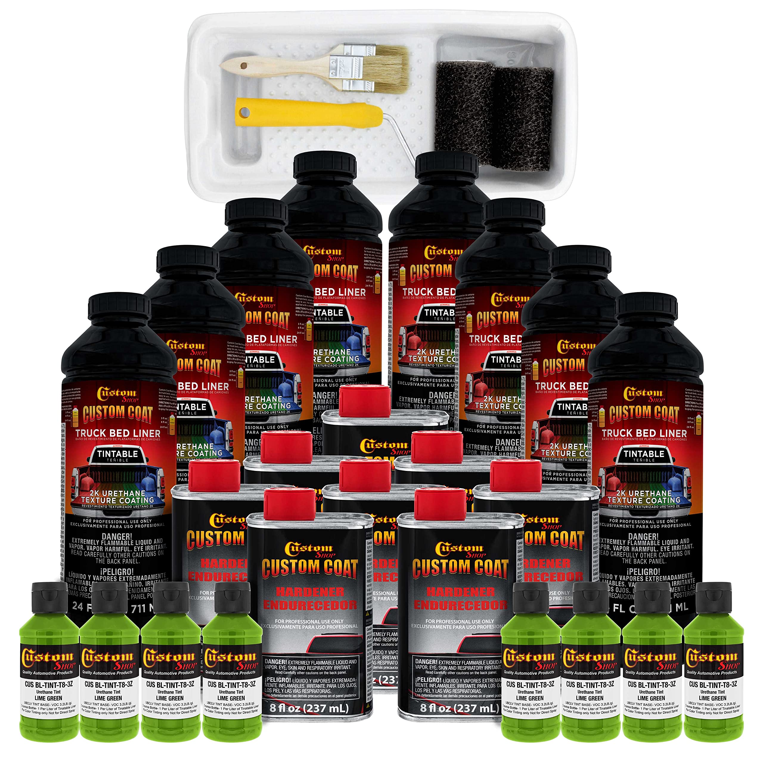 Custom Coat Lime Green 2 Gallon Urethane Roll-On, Brush-On Or Spray-On Truck Bed Liner Kit With Roller And Brush Applicator Kit