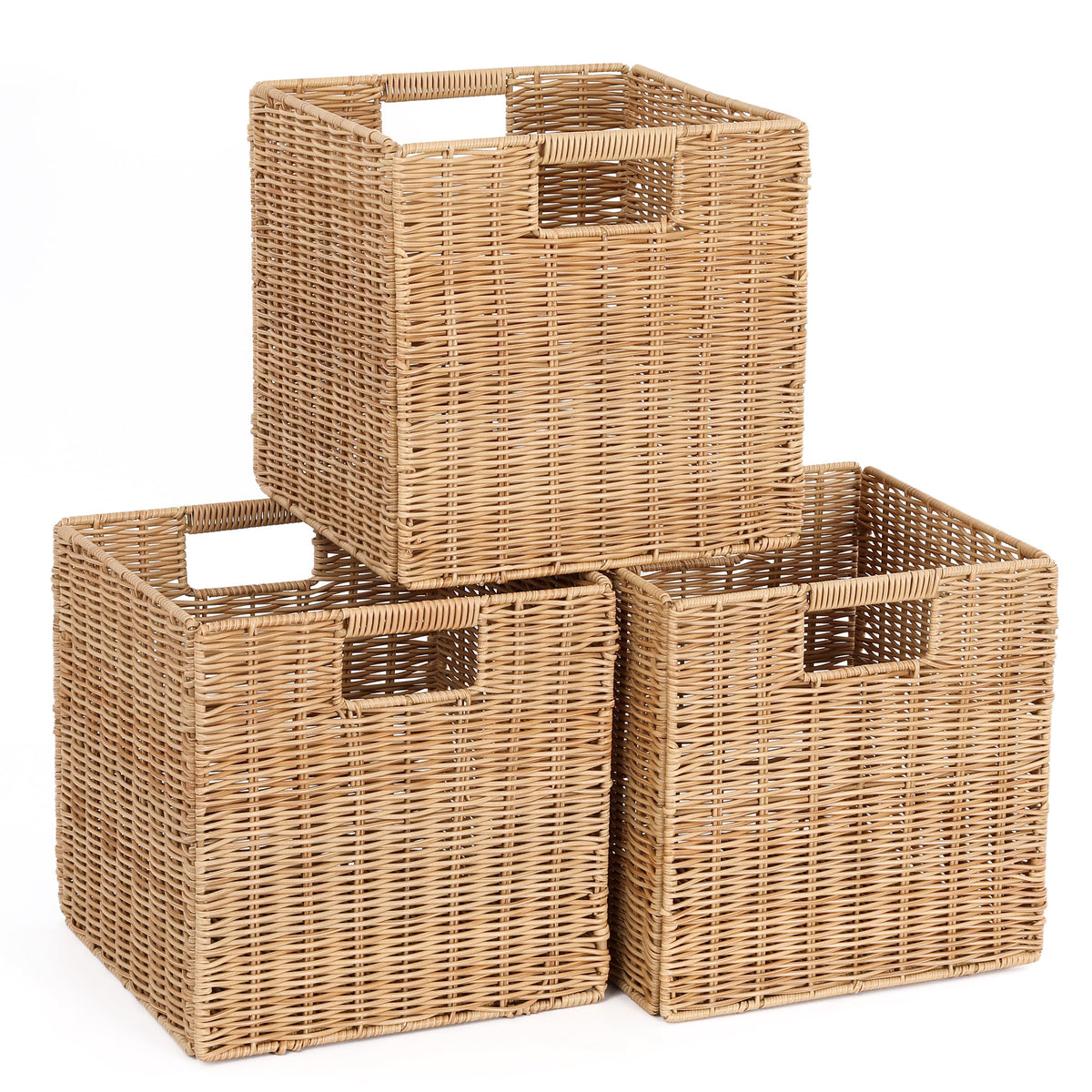10.5 x 10.5 in Plastic Wicker Baskets for Cube Storage, Collapsible Square Wicker Storage Basket Set of 3, Rattan Storage Cube, 