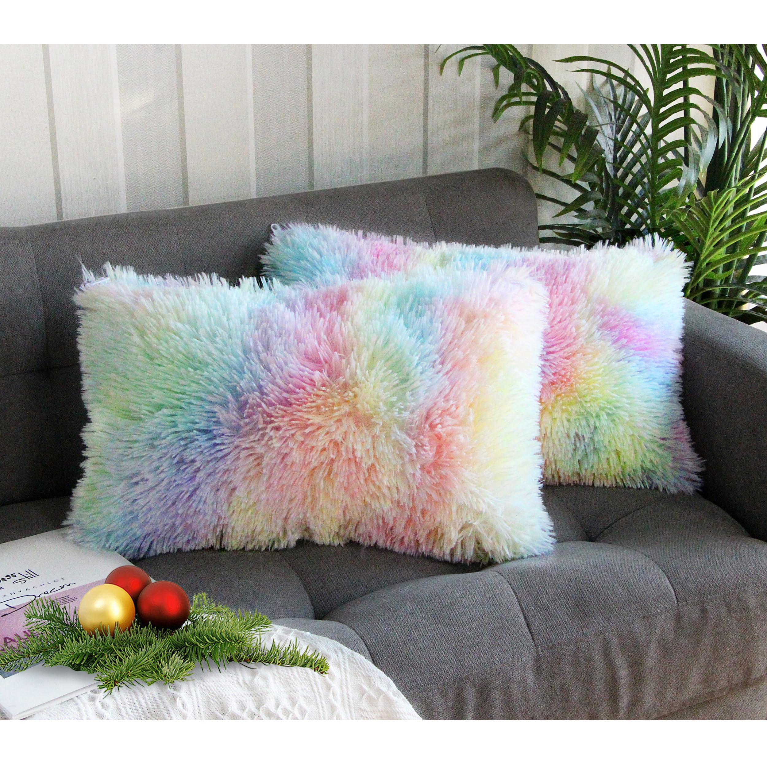 Uhomy 2 Packs Colorful Plush Pillow Cover 12 'X20 ',Home Decorative Luxury Fluffy Super Soft Faux Fur Throw Pillow Cover Cushi