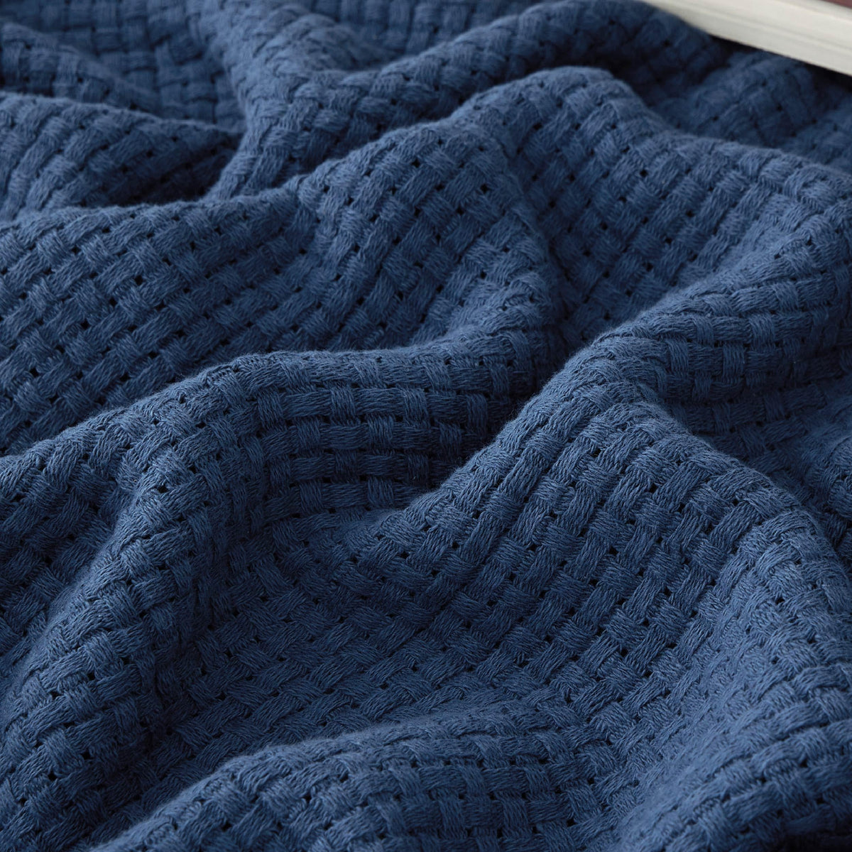 Bedsure 100% Cotton Blanket Queen Size For Bed - Breathable And Lightweight, Soft Cozy Basket Woven Blanket For Summer, Navy, 90