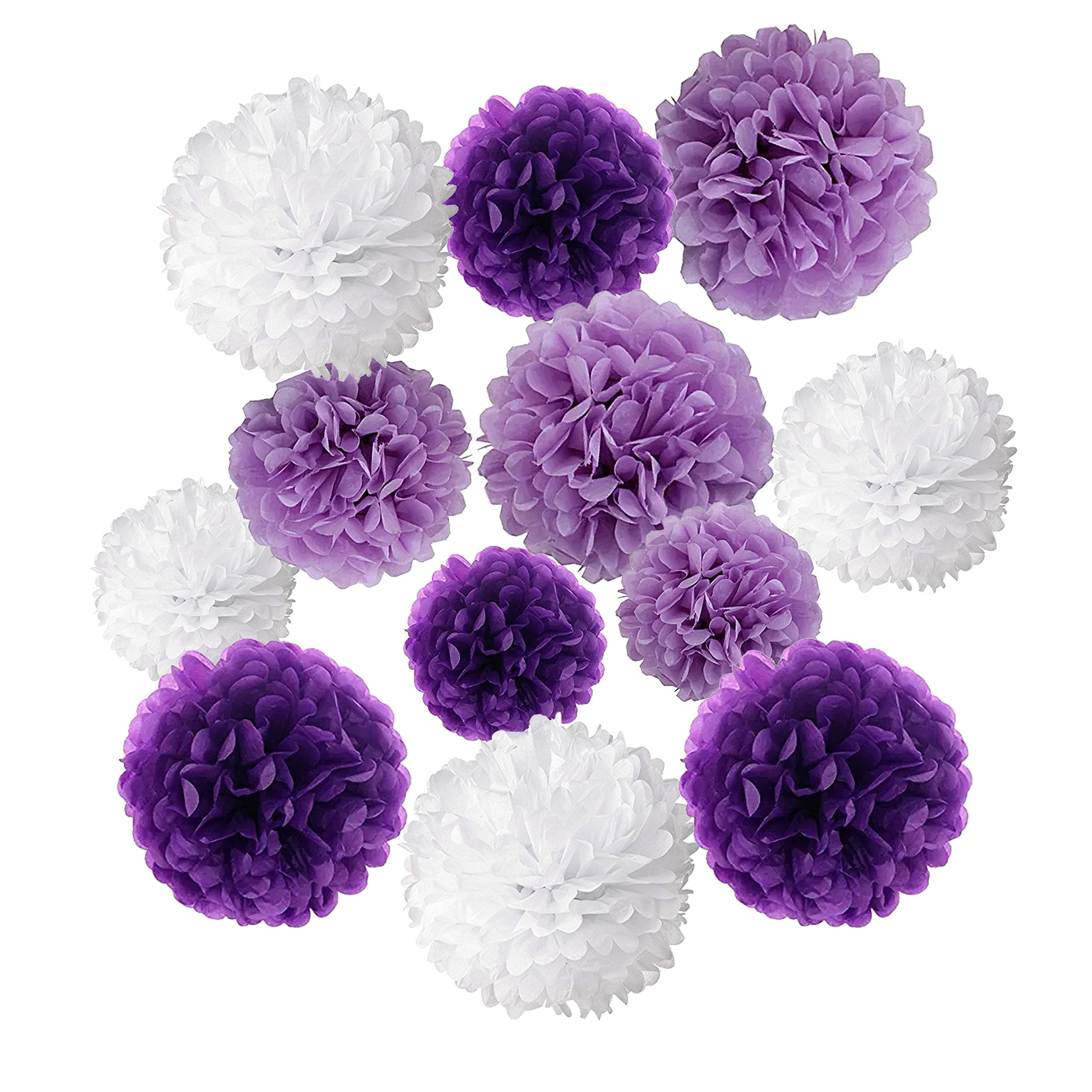 Wartoon Tissue Paper Pom Poms Flowers for Wedding Birthday Party Baby Shower Decoration, 12 Pieces ( Purple, Lavender and White 