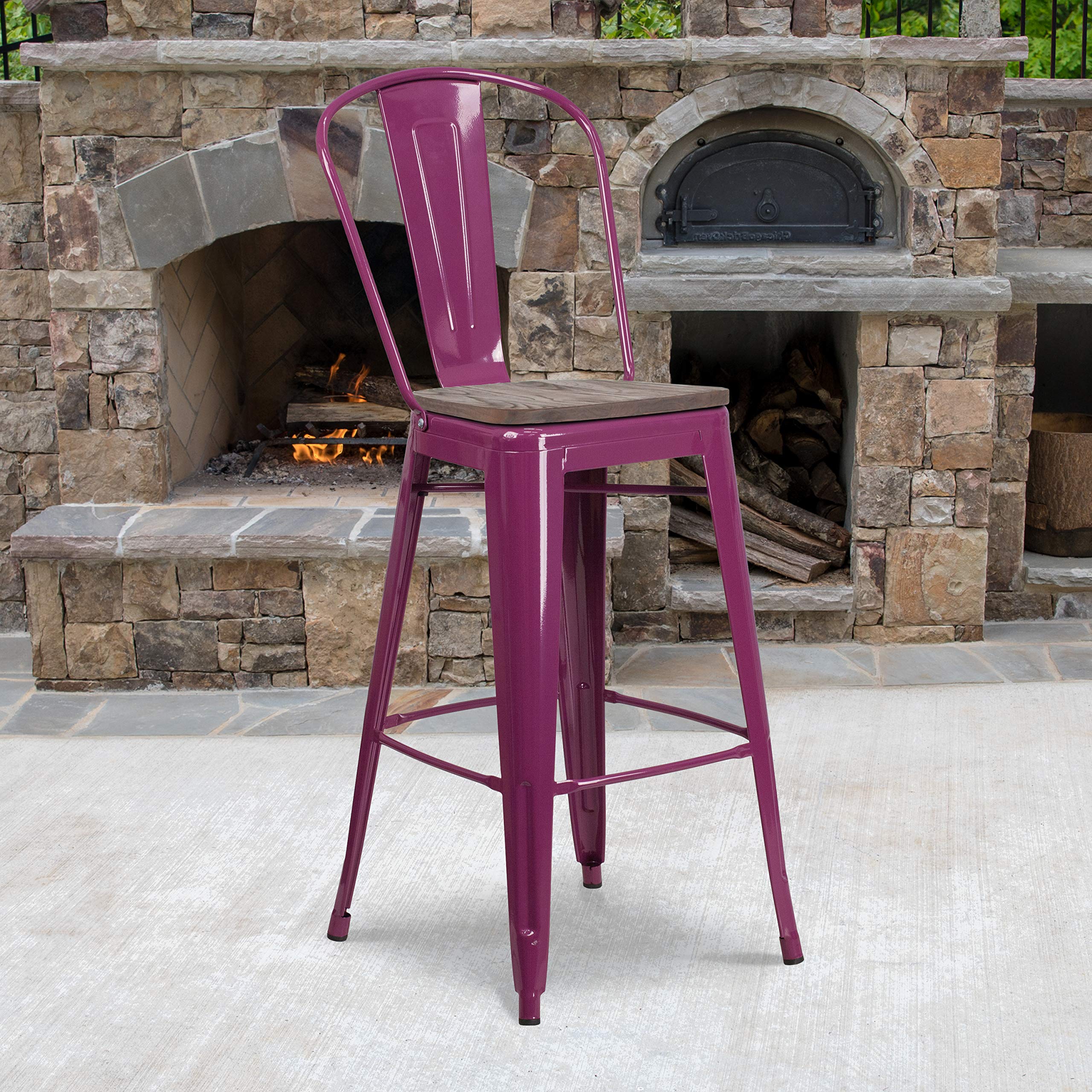Flash Furniture 30' High Purple Metal Barstool With Back And Wood Seat