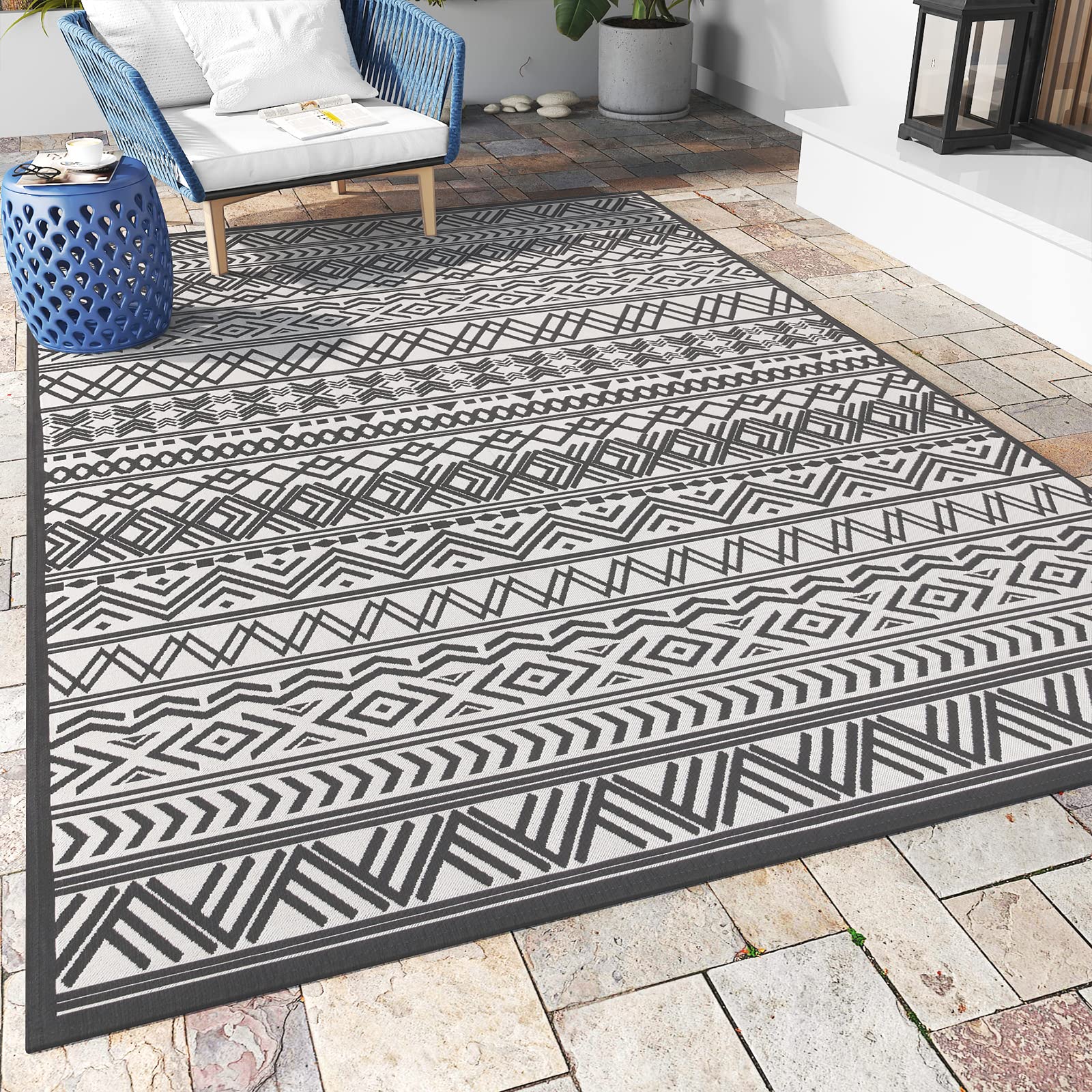 Outdoor Rug Carpet 8X10 Ft, Flatweave Textured Outdoor Patio Rug Non Slip Indoor Outdoor Rugs With Rubber Particles Backing Boho