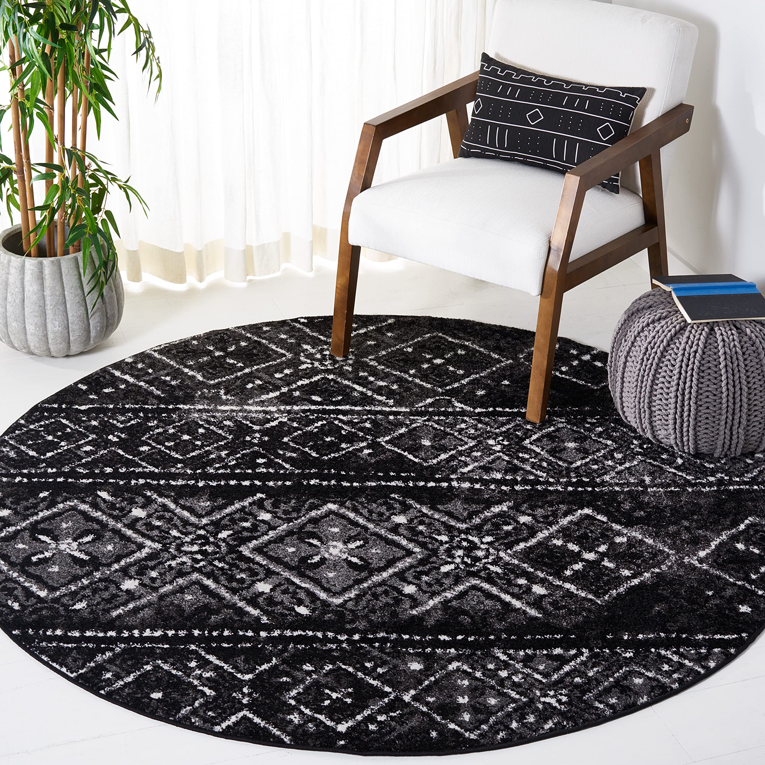 SAFAVIEH Adirondack Collection 12 Round Black/Silver ADR111C Moroccan Boho Distressed Non-Shedding Entryway Foyer Living Room B