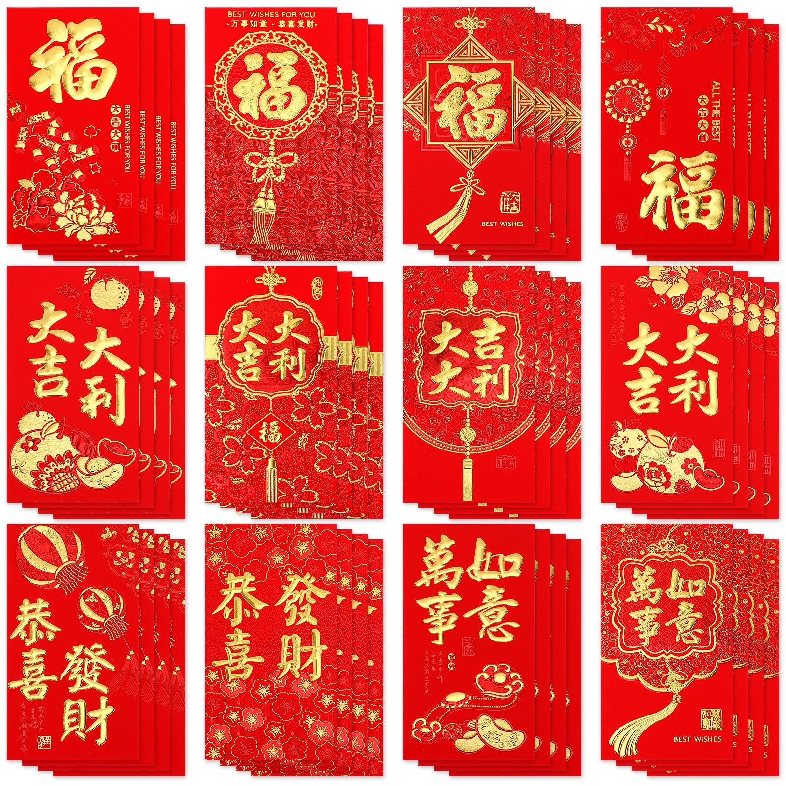 Upins Chinese New Year Red Envelopes 2025, 48Pcs Lucky Hong Bao Money Red Envelopes Lunar Traditional Red Packets Envelopes For