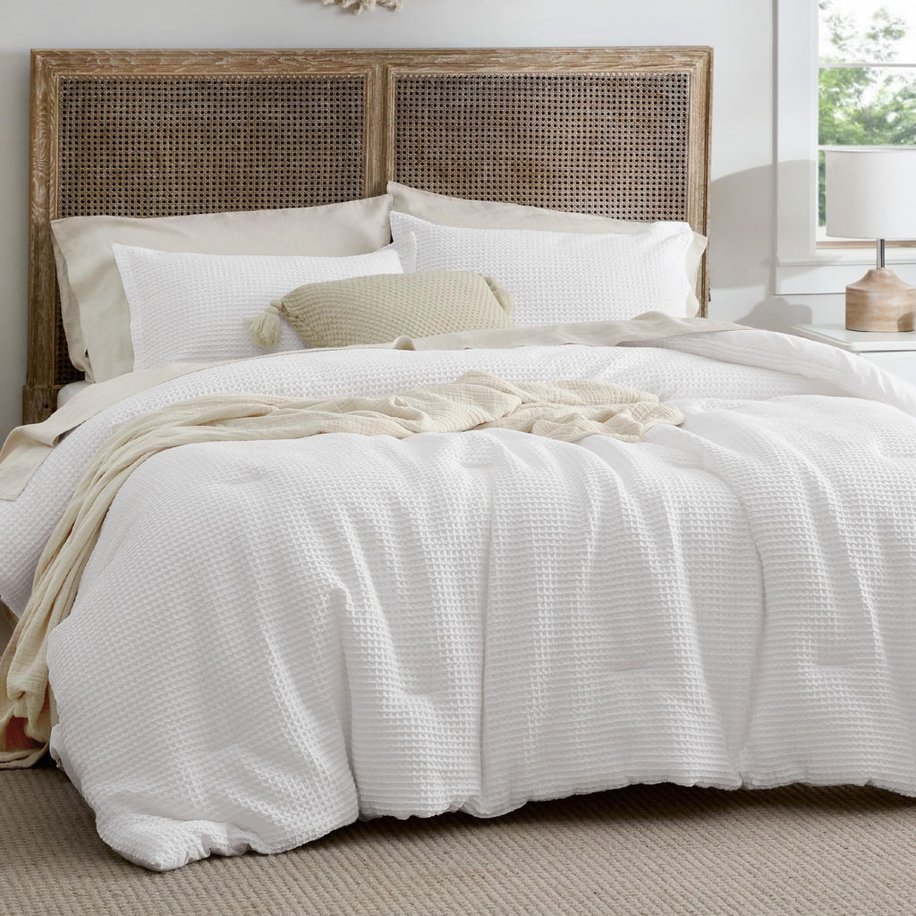 Bedsure Waffle Comforter Set Queen, White Soft Cotton Bedding, Waffle Weave Bed Set, 3 Pieces, 1 Comforter (90'X90') And 2 Pillow Shams, Premium Cotton Cover With Polyester Fill For All Seasons