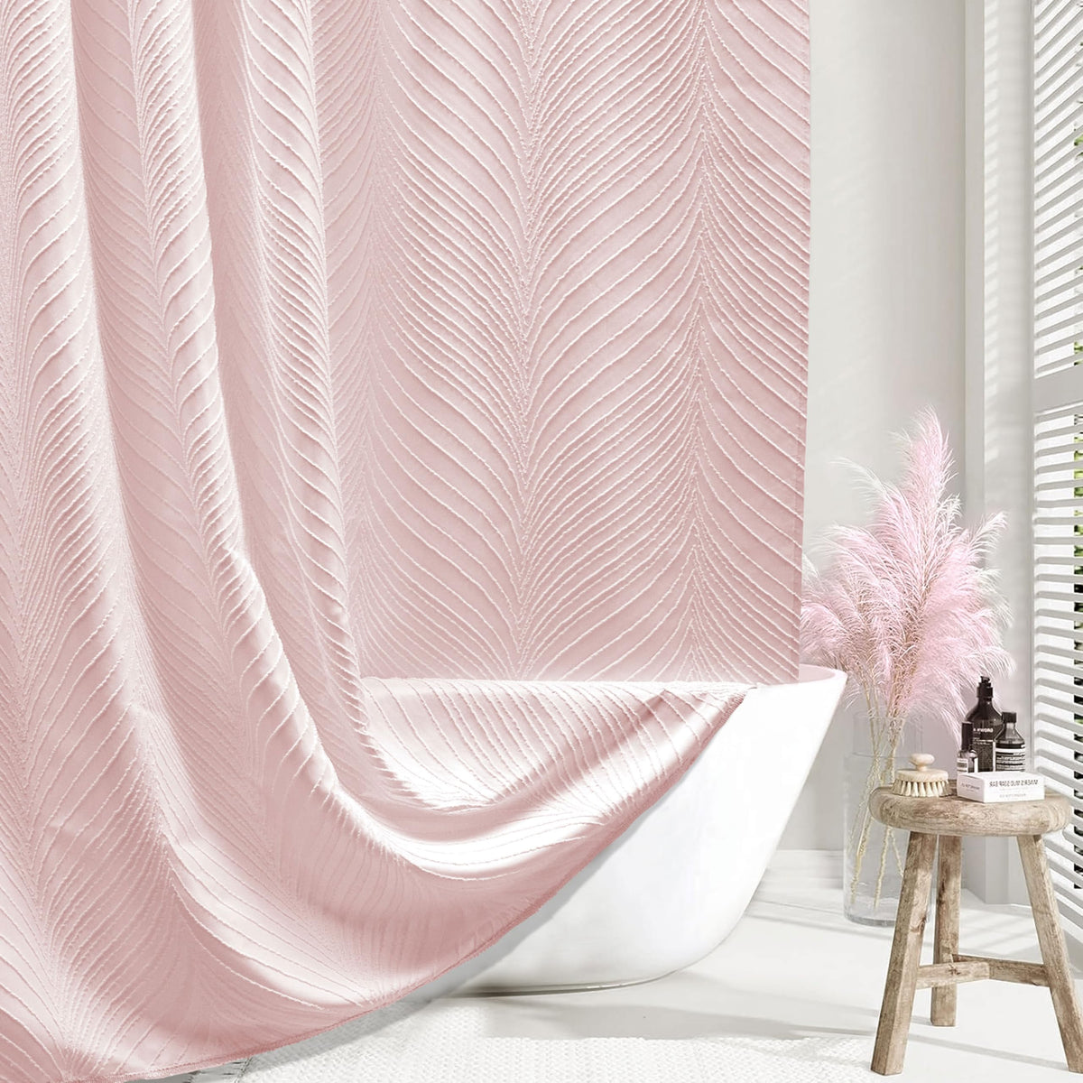 Siiluminisoy Blush Pink Boho Shower Curtain Woven Fabric Cute Shower Curtain, 72 X 72 Tufted Leaves Textured Striped Modern Farm