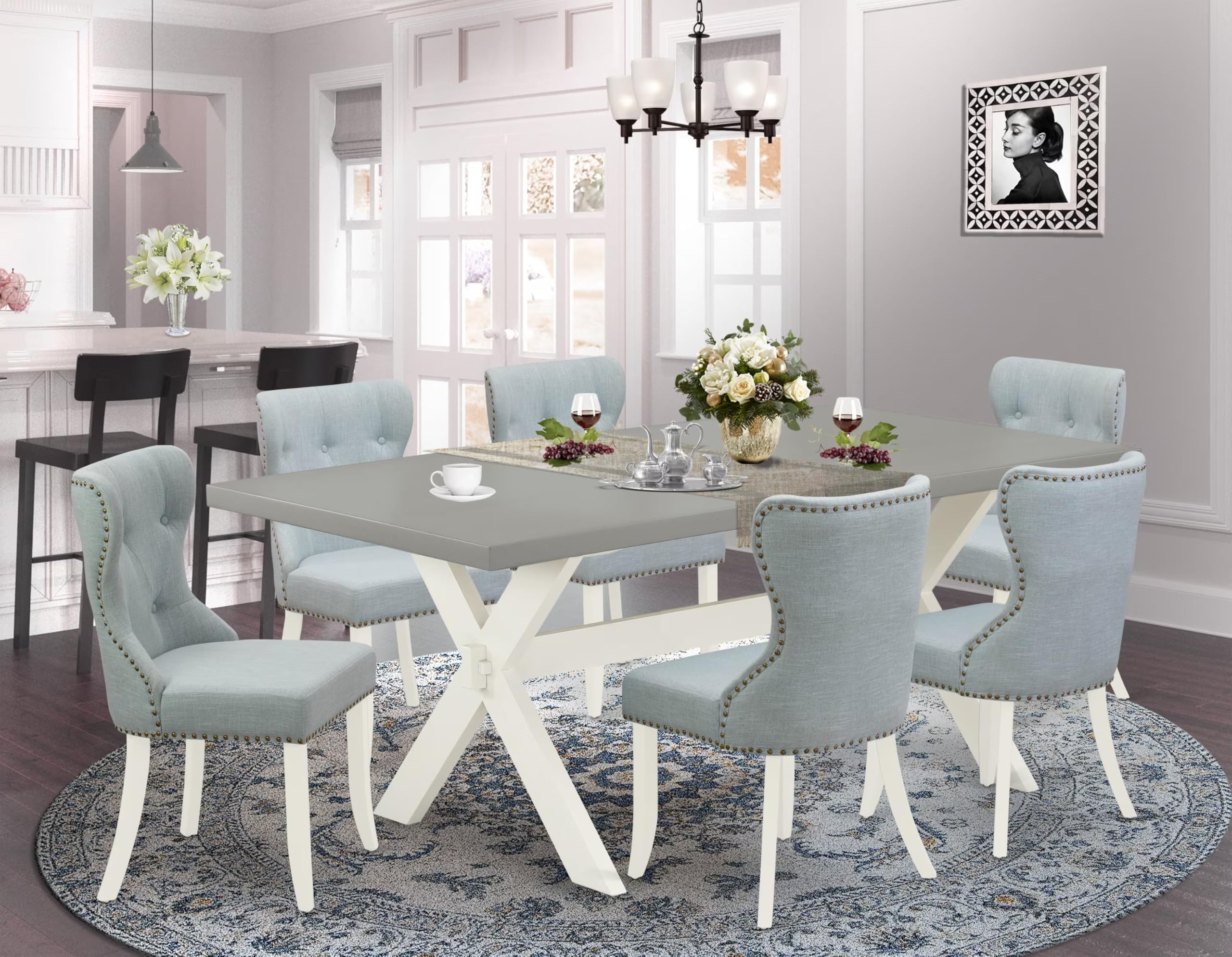 East West Furniture X097Si215-7 7 Piece Dining Table Set Consist Of A Rectangle Kitchen Table With X-Legs And 6 Baby Blue Linen Fabric Parson Dining Room Chairs, 40X72 Inch, Multi-Color