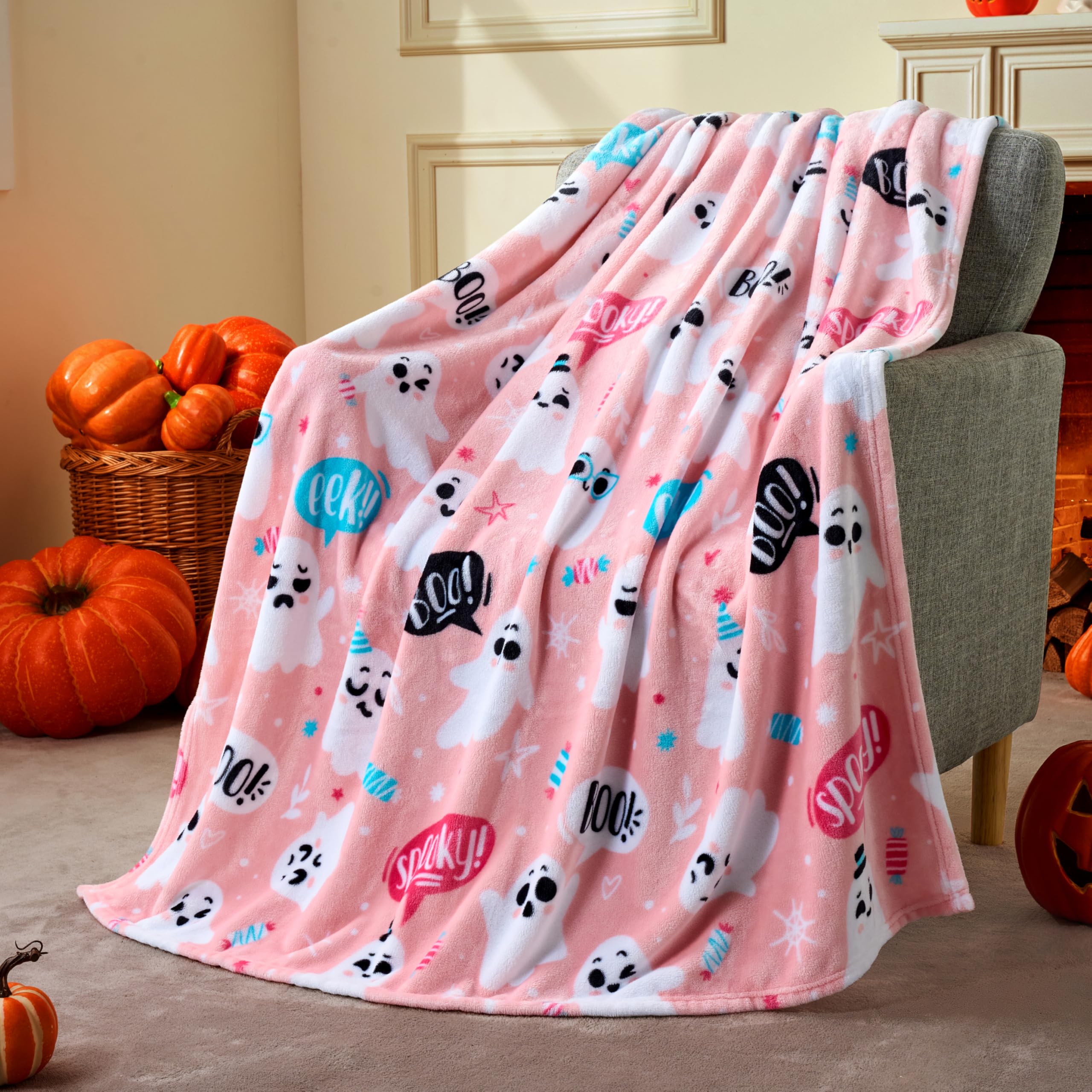 Joiedomi Halloween Throw Blanket - Soft Plush Halloween Blanket - Witch'S Hat Bat Ghost Pumpkin Blanket - Cozy Flannel Grey Hall