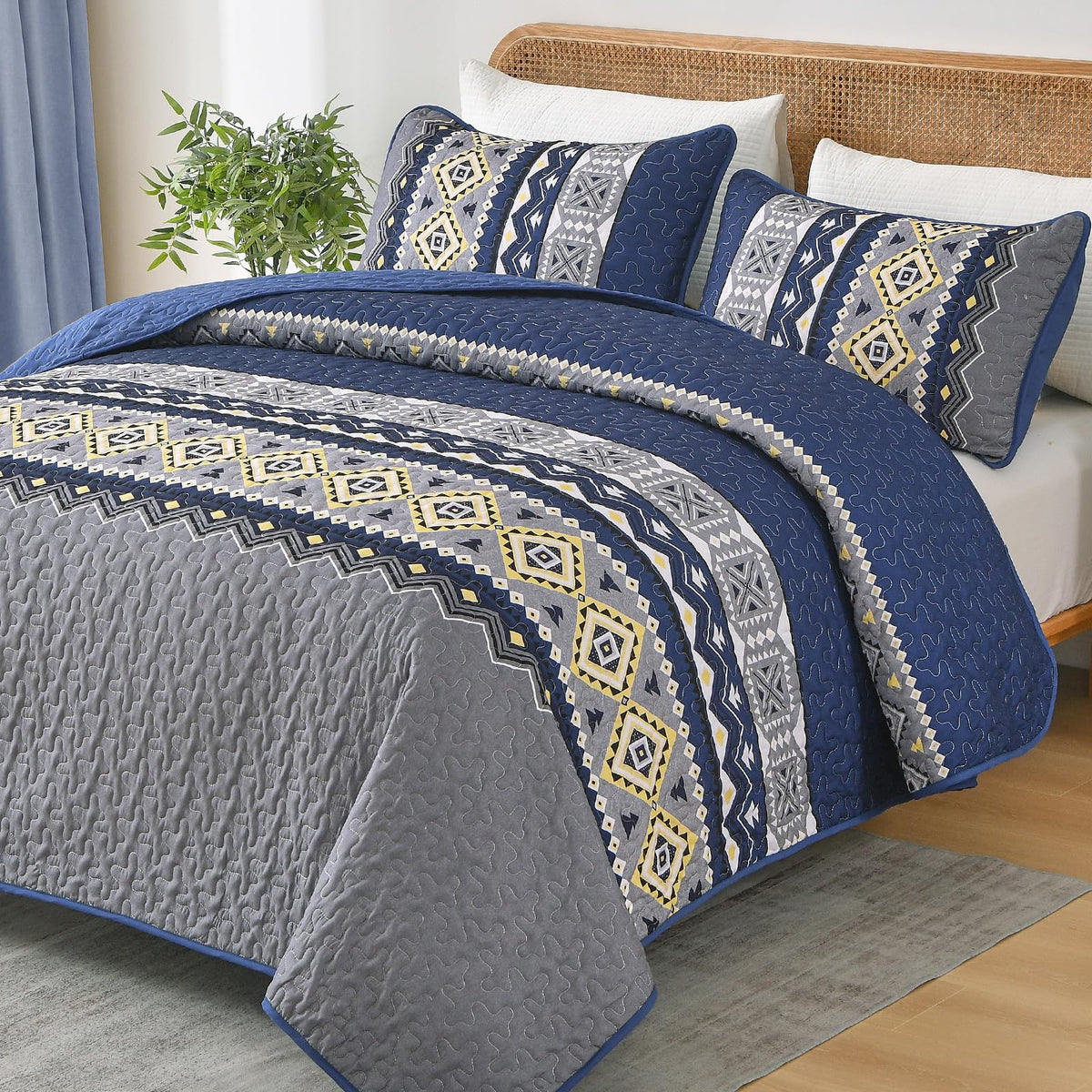 Wongs Bedding 3 Pieces Quilt Set Queen Size, Navy Blue Quilt Bedspread Lightweight Bohemian Coverlet Set With 2 Pillowcase, Soft