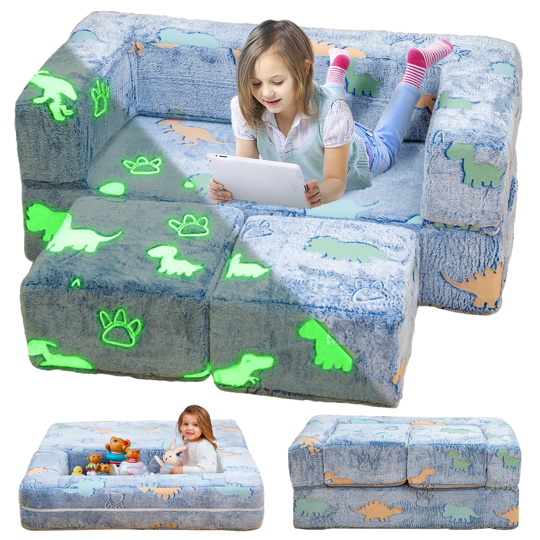 furlinkhm Toddler Couch, Glow in The Dark Kids Play Couch Toddler Fold Out Couch, Kids Fold Out Couch for playroom, Convertible 