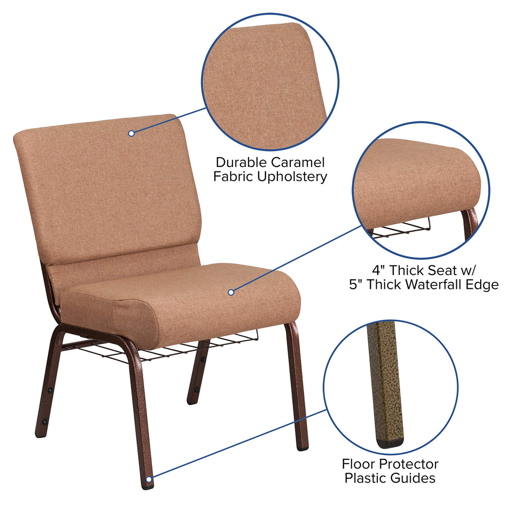 Flash Furniture Hercules Series 21''W Church Chair In Caramel Fabric With Cup Book Rack - Copper Vein Frame