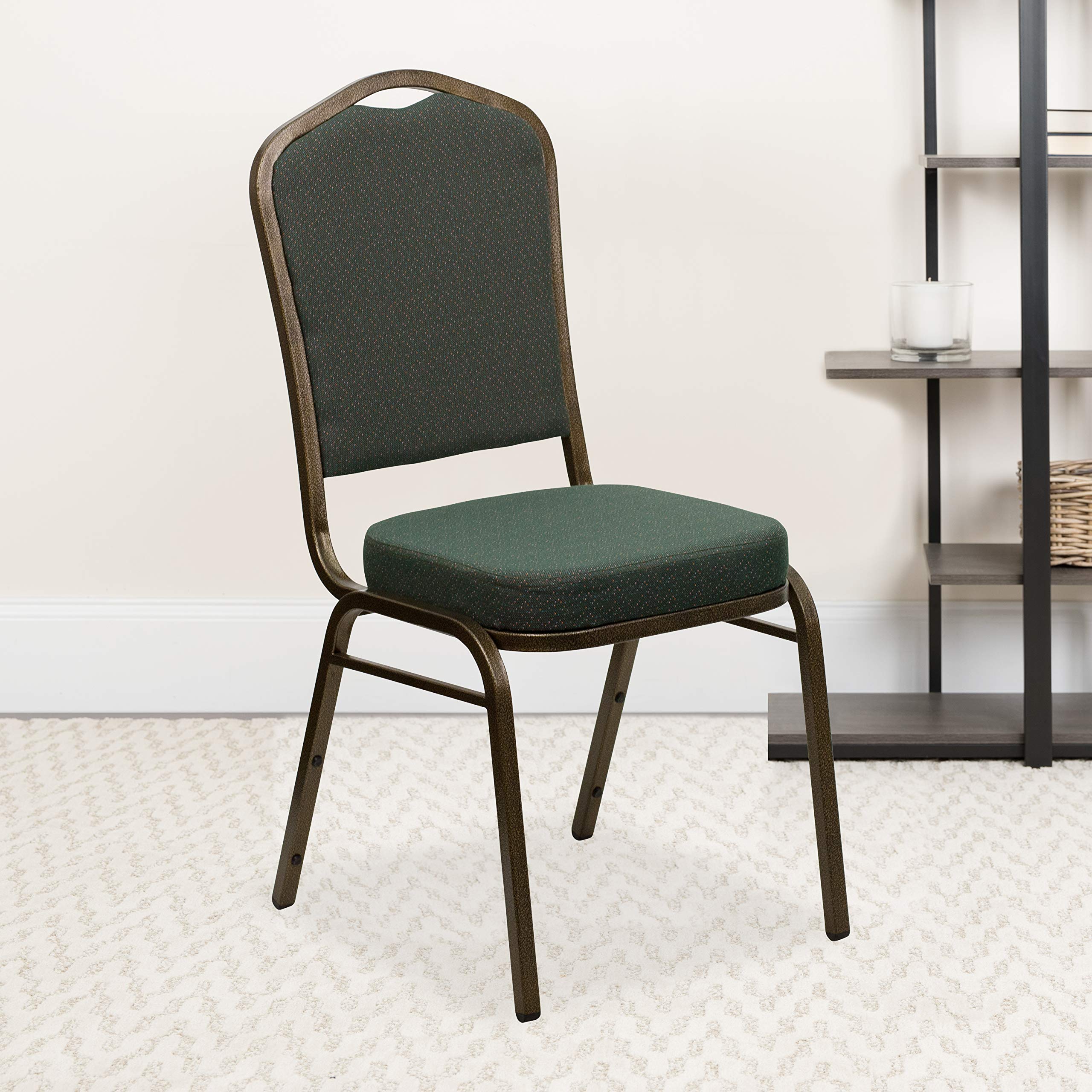 Flash Furniture HERCULES Series Crown Back Stacking Banquet Chair in Green Patterned Fabric - Gold Vein Frame