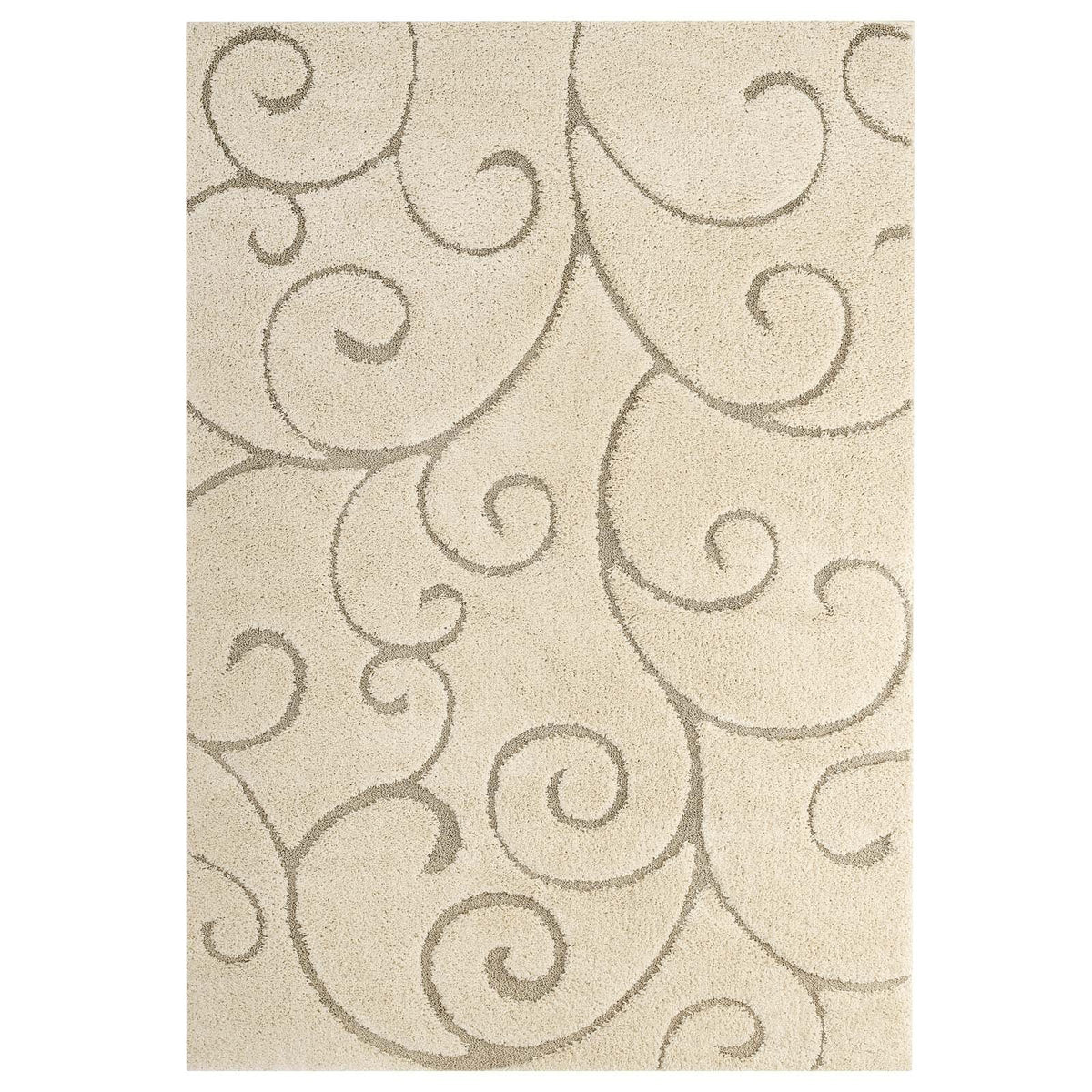 Modway Jubilant Burgeon Scrolling Vine 5X8 Area Rug With High-Low Shag Pile In Creame And Beige