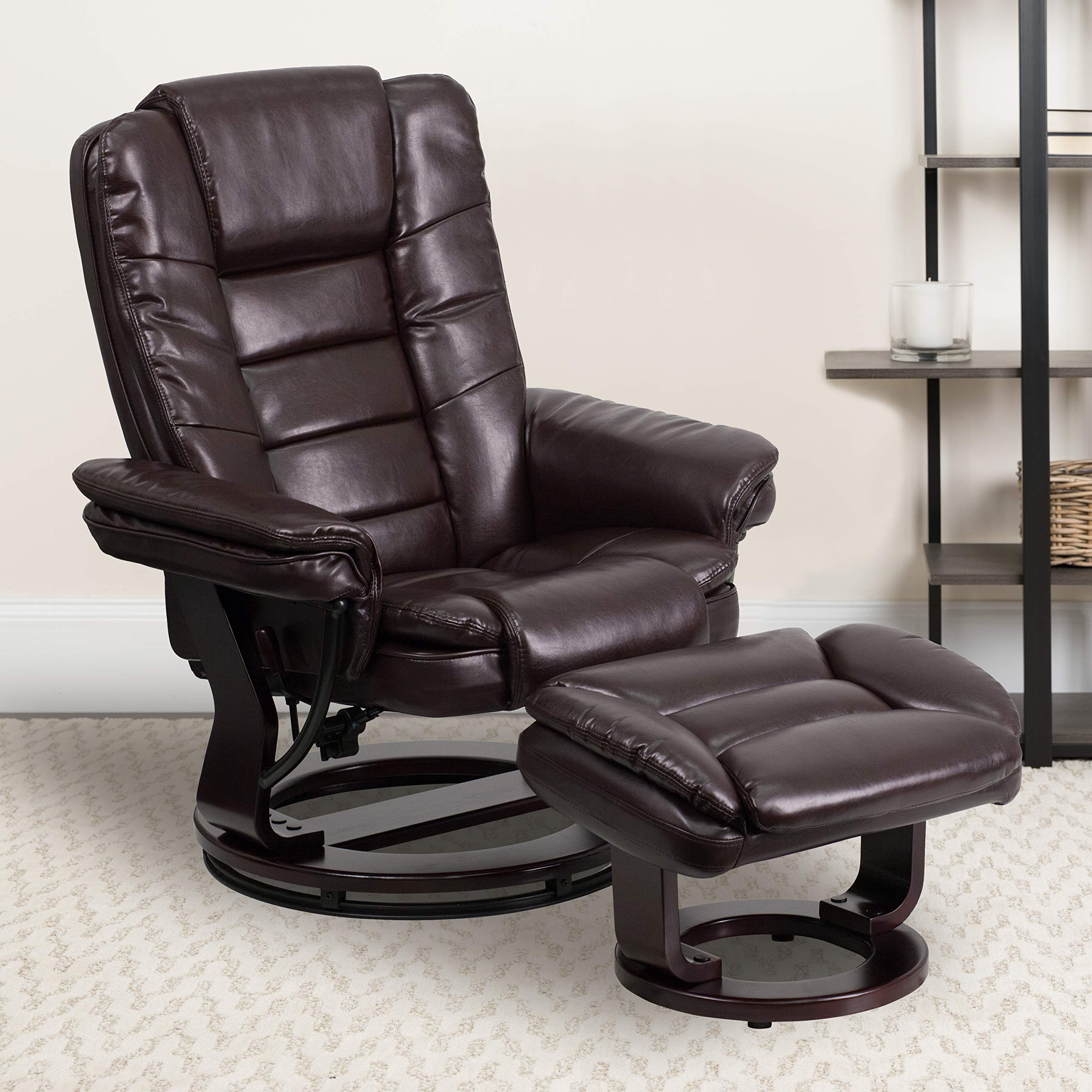 Flash Furniture Bali Contemporary Multi-Position LeatherSoft Recliner Chair with Ottoman, 360-Degree Swivel Recliner Chair/Ottoman Set, Brown