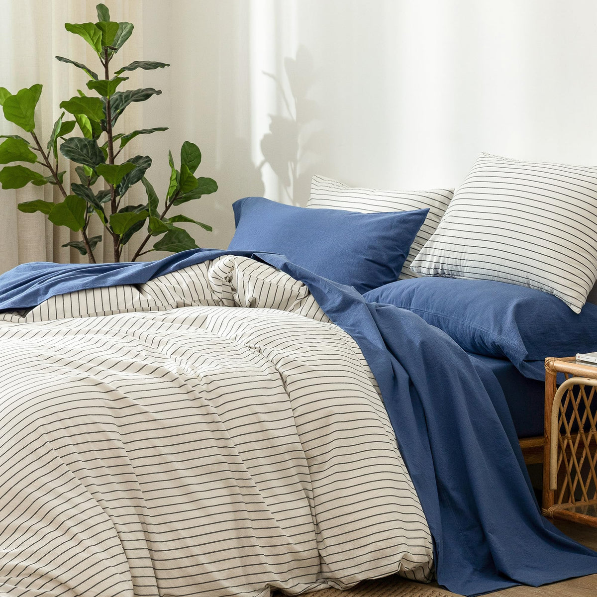 Moomee Bedding Sheet Set 100% Washed Cotton Linen Like Textured Breathable Durable Soft Comfy (Navy Blue, King)