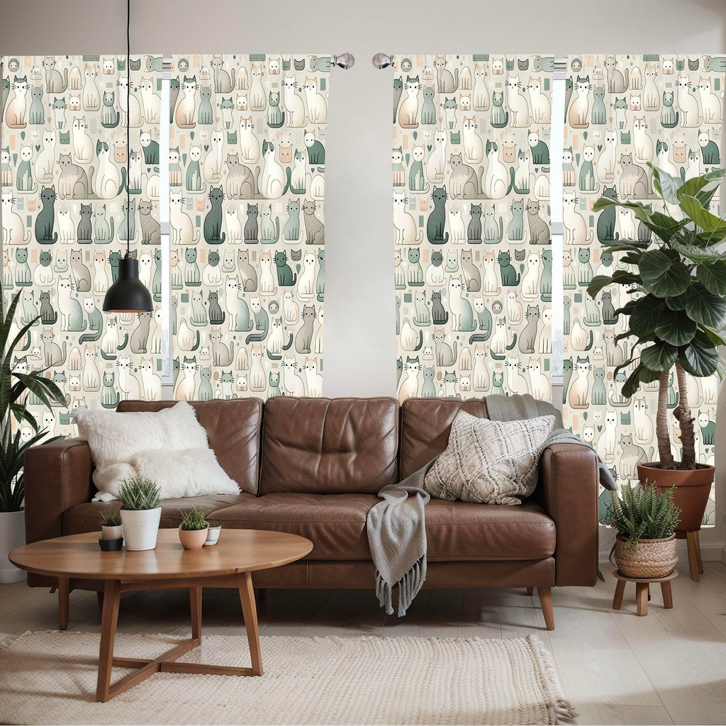 Ambesonne Cats Window Curtains Pack Of 2, Cartoon Illustration Of Delicate Kitten World With Muted Colors Modern, Lightweight Se