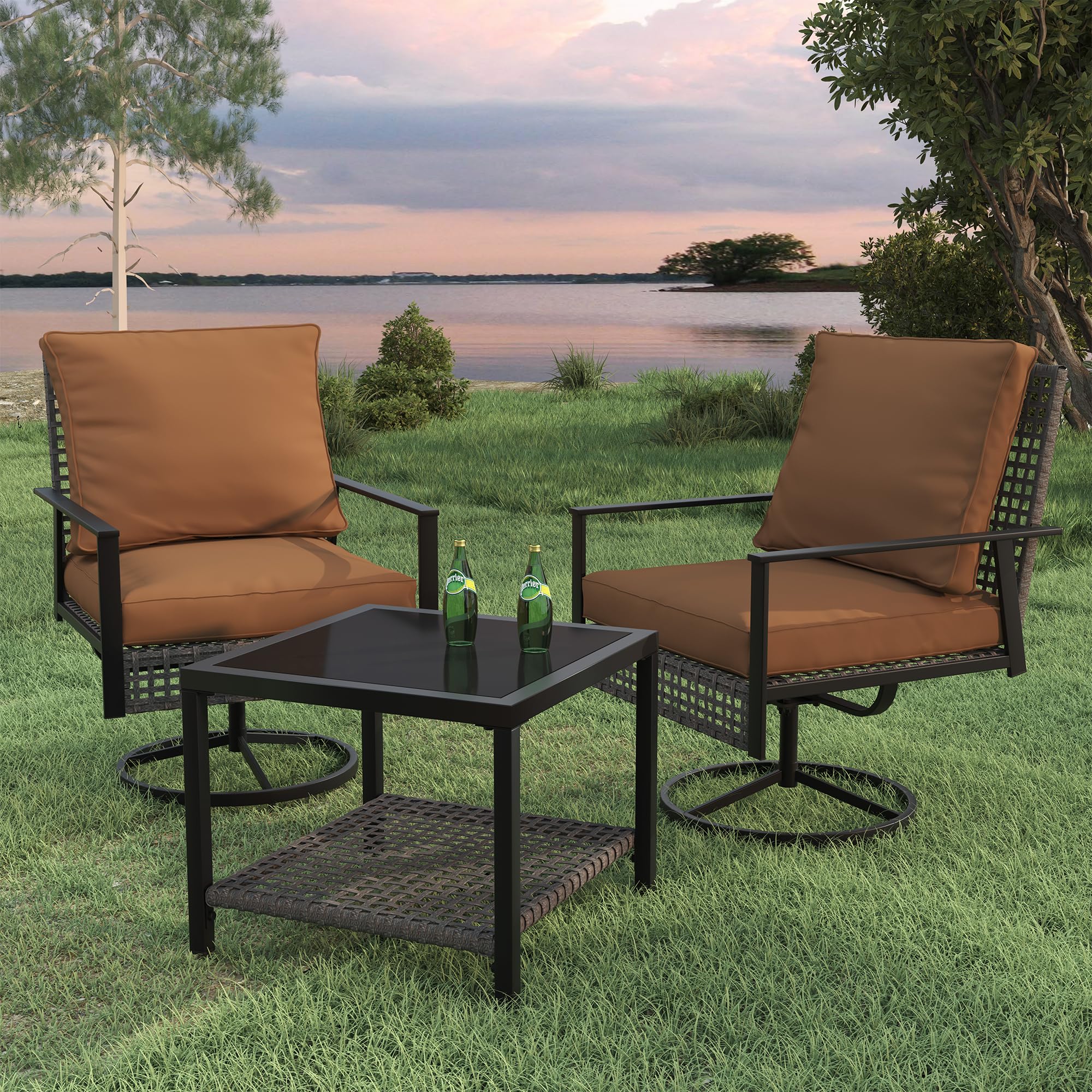 Ainfox 3 Pieces Patio Wicker Chairs Swivel Rocker, Outdoor Swivel Rocker Patio Chairs with Rattan Side Table, Patio Furniture Se