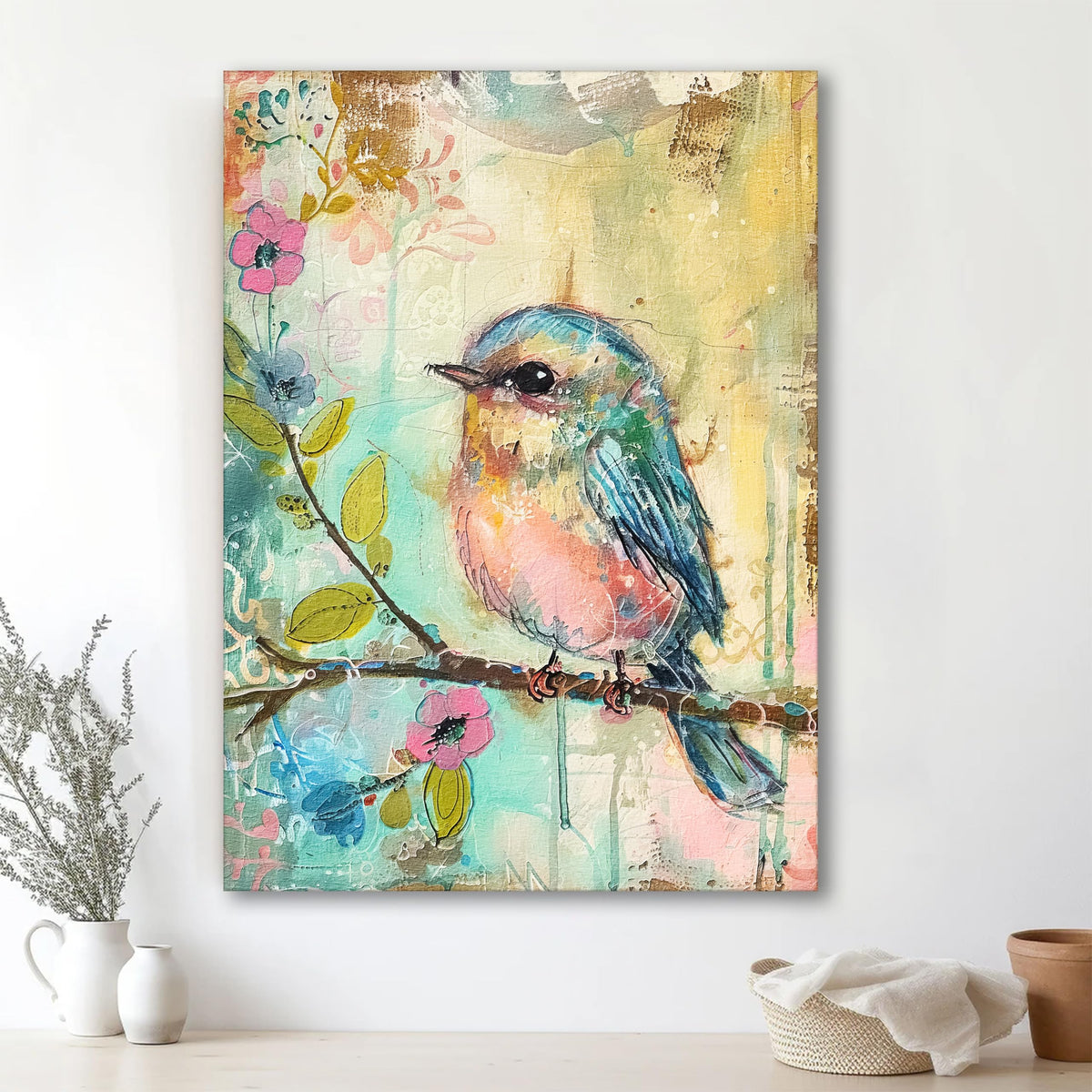 PAINTINGMANTRA Soft Pastel of Bird and Flower in Blue, Pink, and Yellow | Digital Painting On Canvas Stretched on Wood | Suitabl