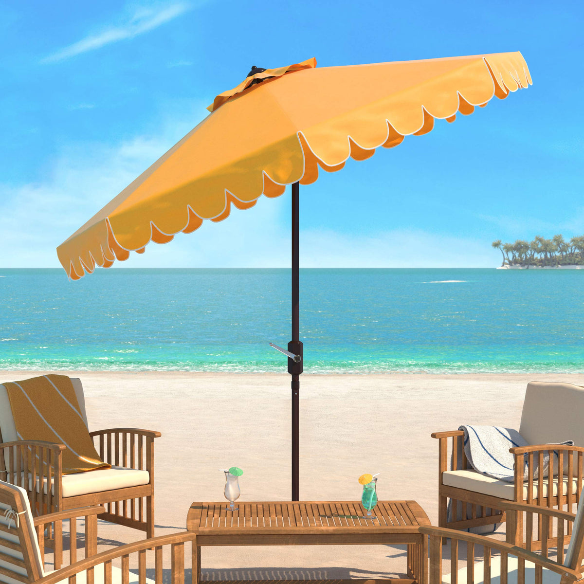 Safavieh Pat8010D Collection Venice Yellow And White Single Scallop 9Ft Crank Outdoor Push Button Tilt Umbrella, 9-Foot