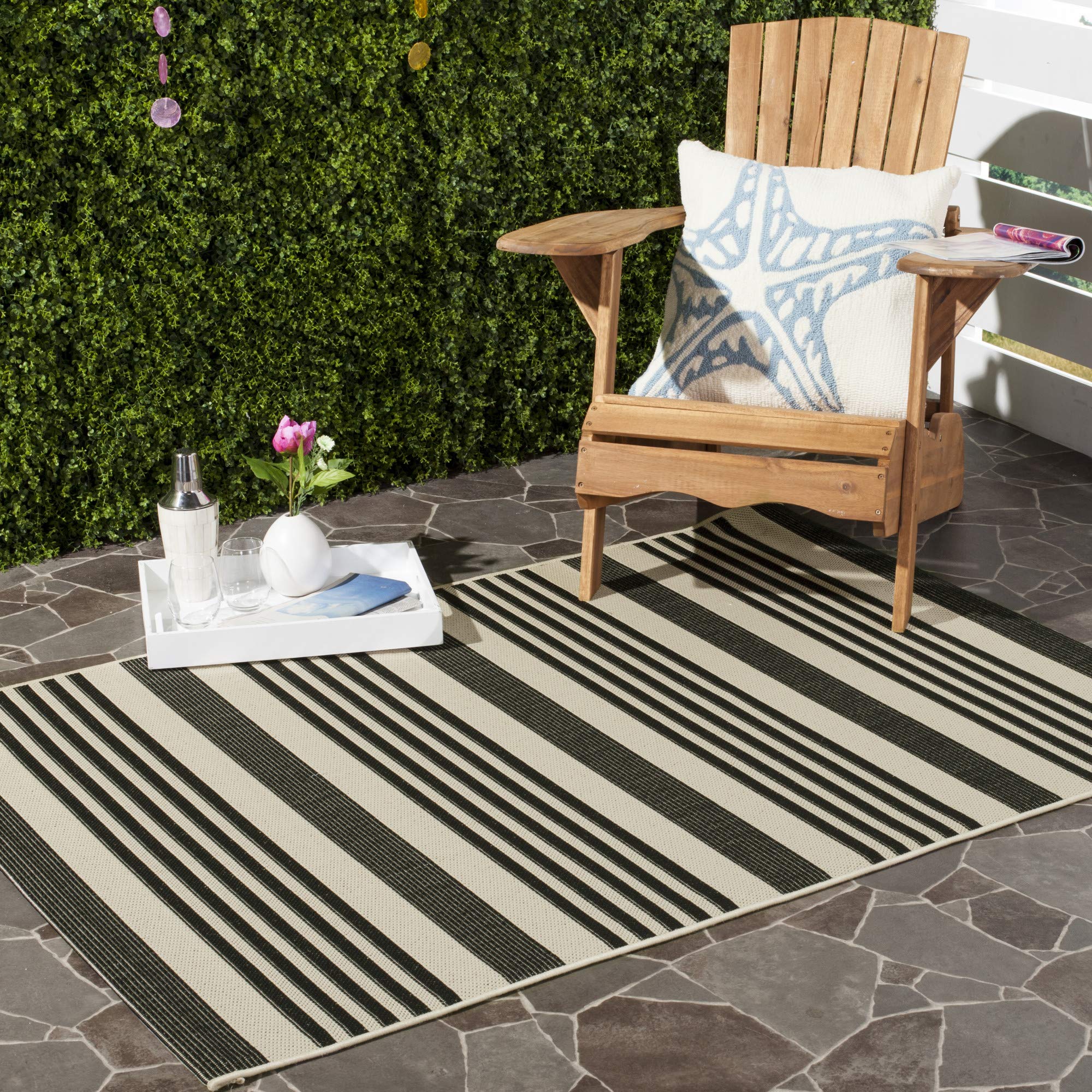 Safavieh Courtyard Collection Accent Rug - 4' X 5'7'', Grey & Bone, Stripe Design, Non-Shedding & Easy Care, Indoor/Outdoor & Wa