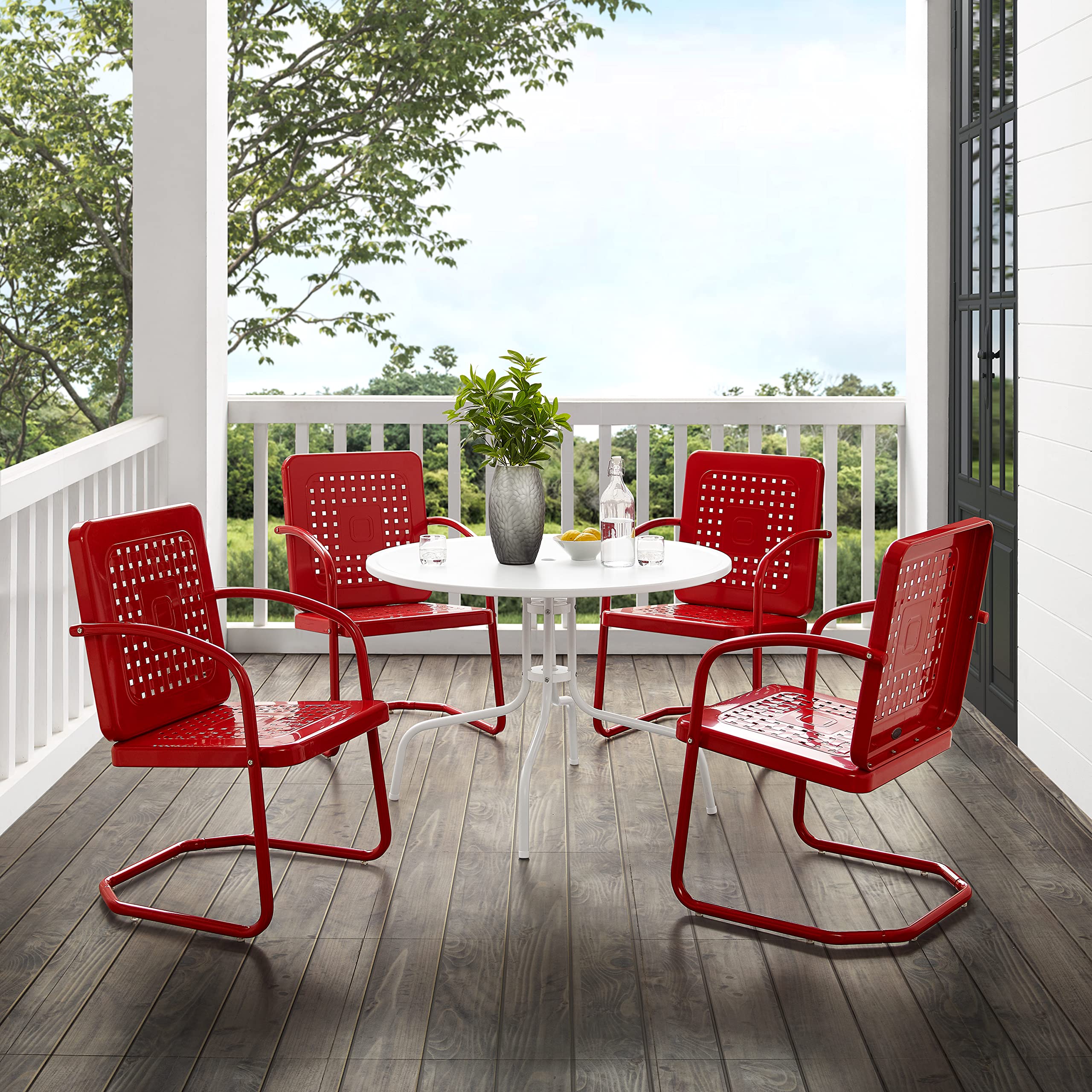 Crosley Furniture Bates 5-Piece Outdoor Dining Set for 4, Retro Metal Round Patio Table and Chairs for Deck, Bright Red Gloss