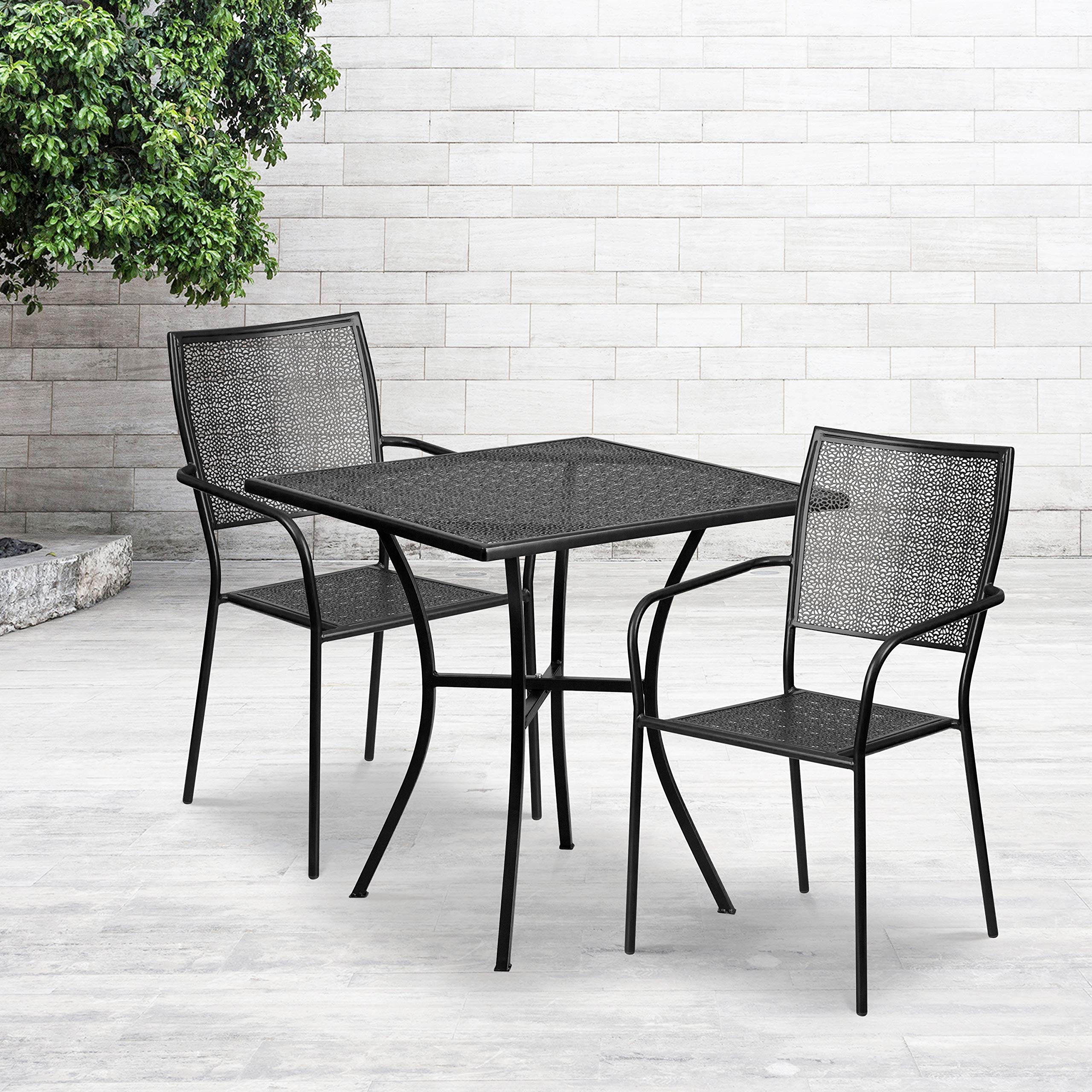 Flash Furniture Oia Commercial Grade 28 Square Black Indoor-Outdoor Steel Patio Table Set with 2 Square Back Chairs