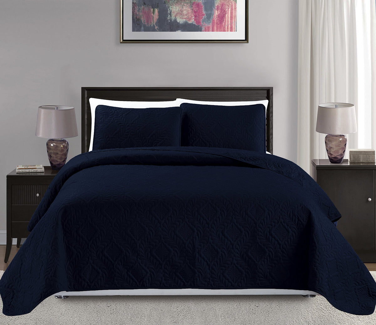 Mk Collection 3Pc Fullqueen Over Size Diamond Bedspread Bed Cover Embossed Solid Navy Blue New