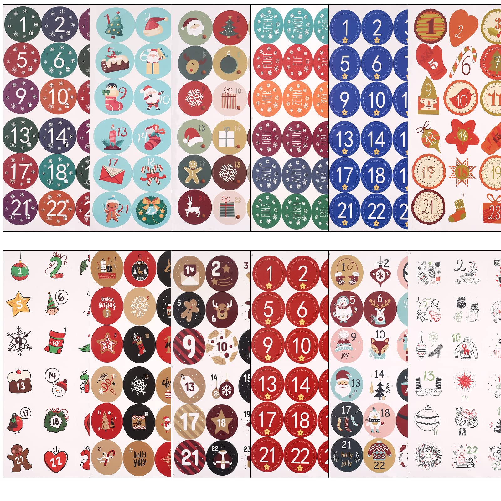 12 Sheets Advent Calendar Stickers, 1-24 Number Stickers with Christmas Theme Pattern, Christmas Stickers Suitable for Gift Seal
