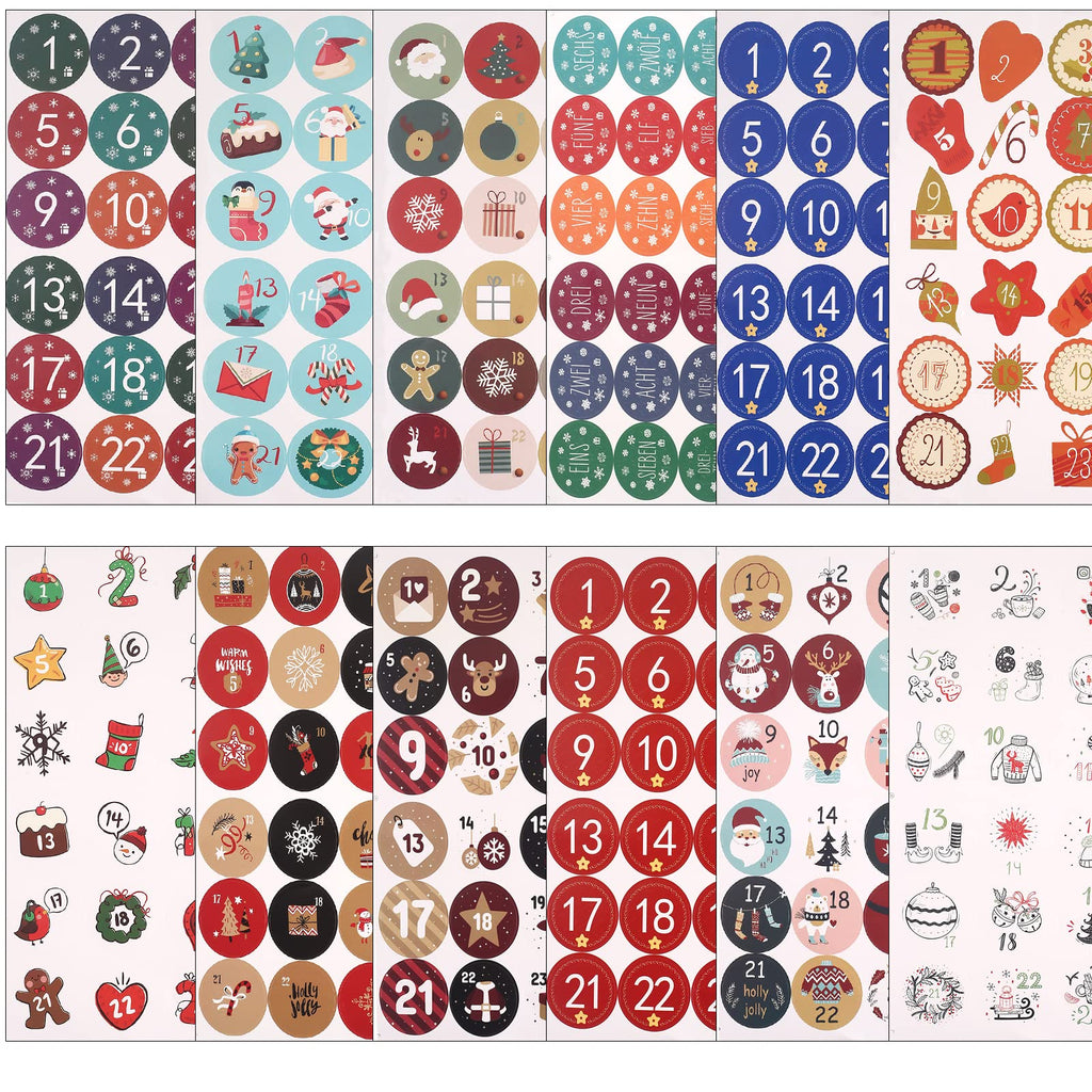 12 Sheets Advent Calendar Stickers, 1-24 Number Stickers with Christmas Theme Pattern, Christmas Stickers Suitable for Gift Seal