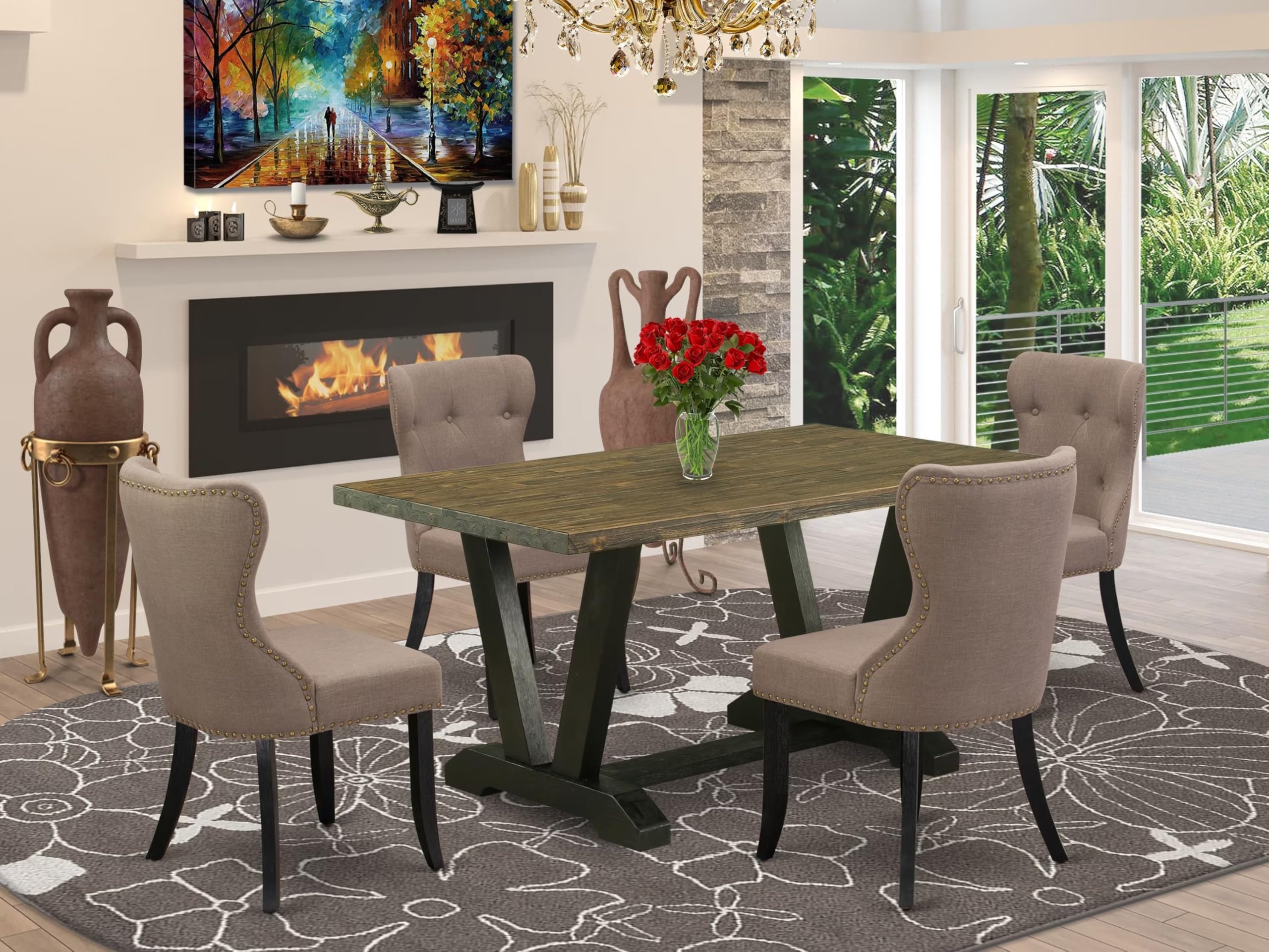 East West Furniture V676Si648-5 5 Piece Modern Dining Table Set Includes A Rectangle Wooden Table With V-Legs And 4 Coffee Linen Fabric Parson Dining Chairs, 36X60 Inch, Multi-Color