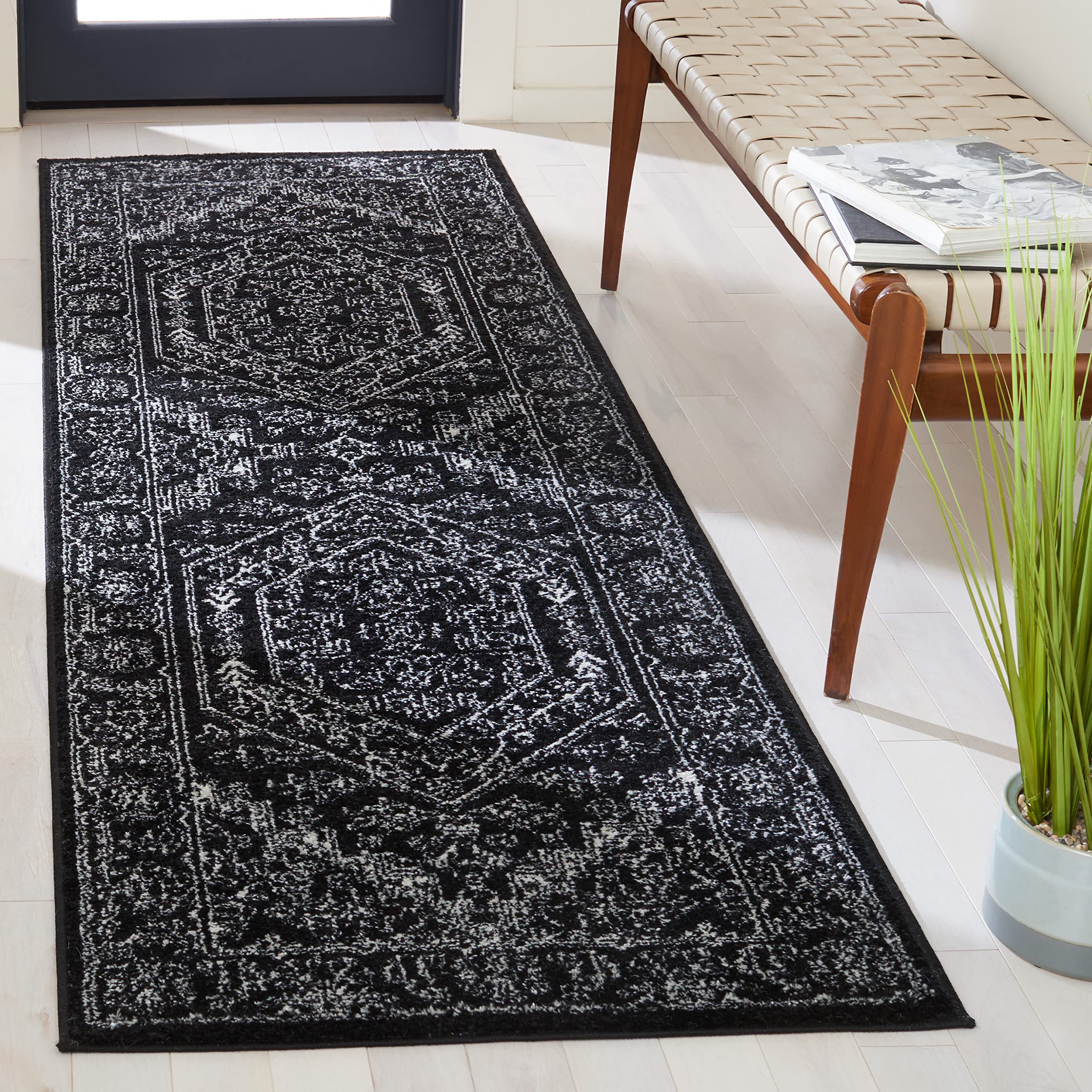 Safavieh Adirondack Collection Runner Rug - 26 x 12, Black & Ivory, Oriental Medallion Design, Non-Shedding & Easy Care, Ideal